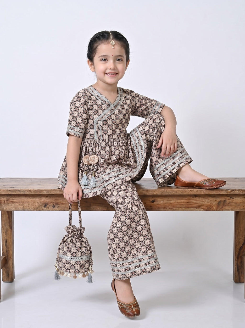 Bella Moda Girls Printed Angrakha Style Kurta with Sharara Co-Ord Set- JUETH761V