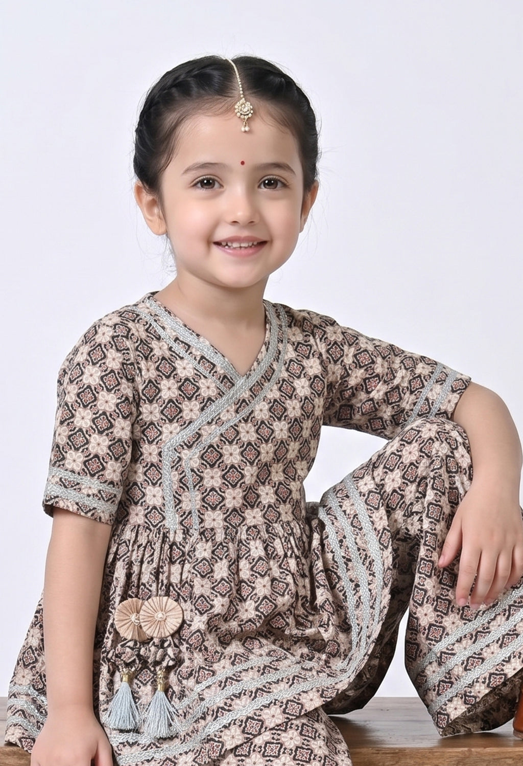 Bella Moda Girls Printed Angrakha Style Kurta with Sharara Co-Ord Set- JUETH761V