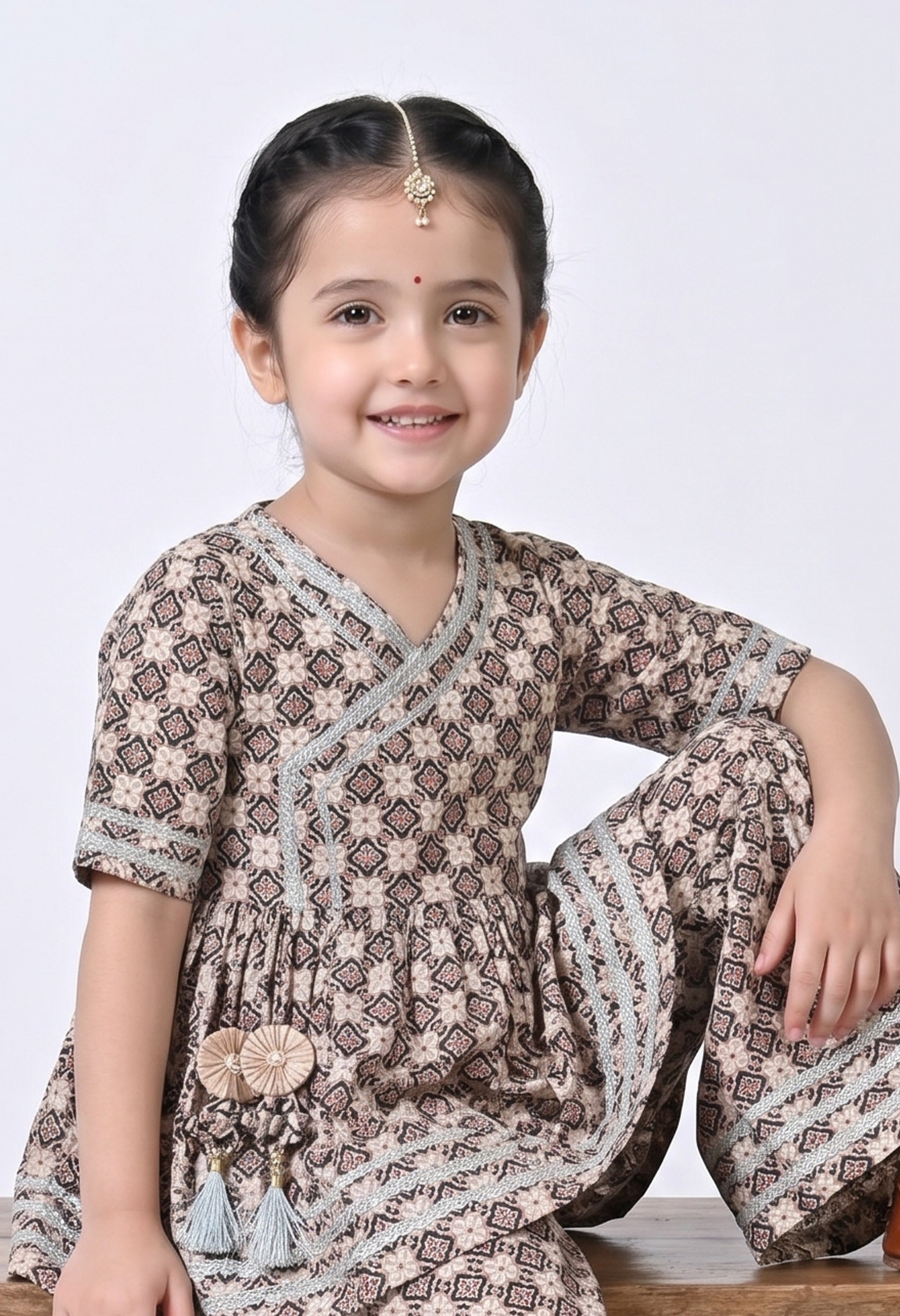 Bella Moda Girls Printed Angrakha Style Kurta with Sharara Co-Ord Set- JUETH761V