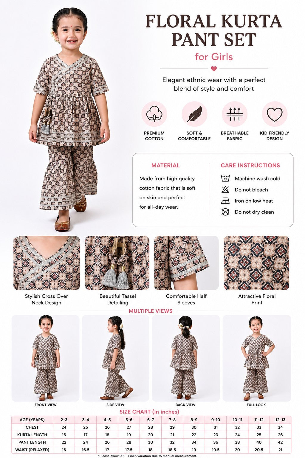 Bella Moda Girls Printed Angrakha Style Kurta with Sharara Co-Ord Set- JUETH761V