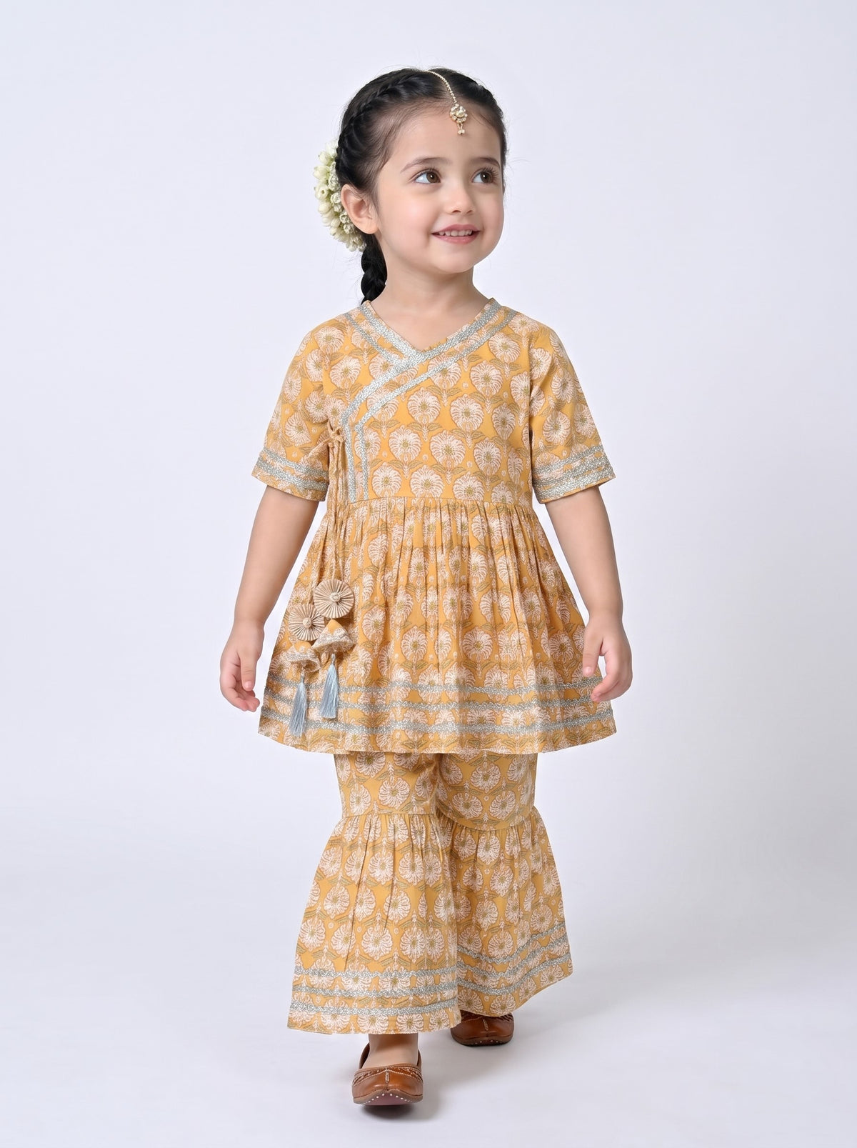 Bella Moda Girls Printed Angrakha Style Kurta with Sharara Co-Ord Set- JUETH762V
