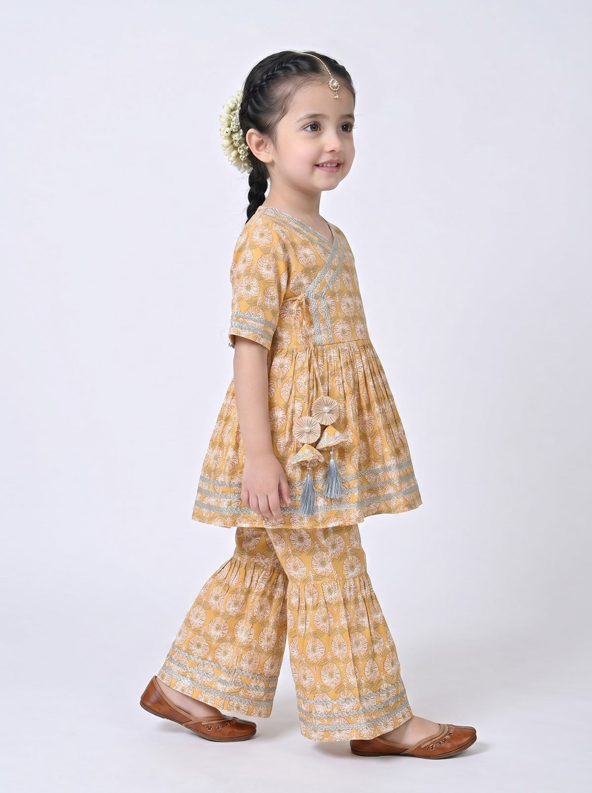 Bella Moda Girls Printed Angrakha Style Kurta with Sharara Co-Ord Set- JUETH762V