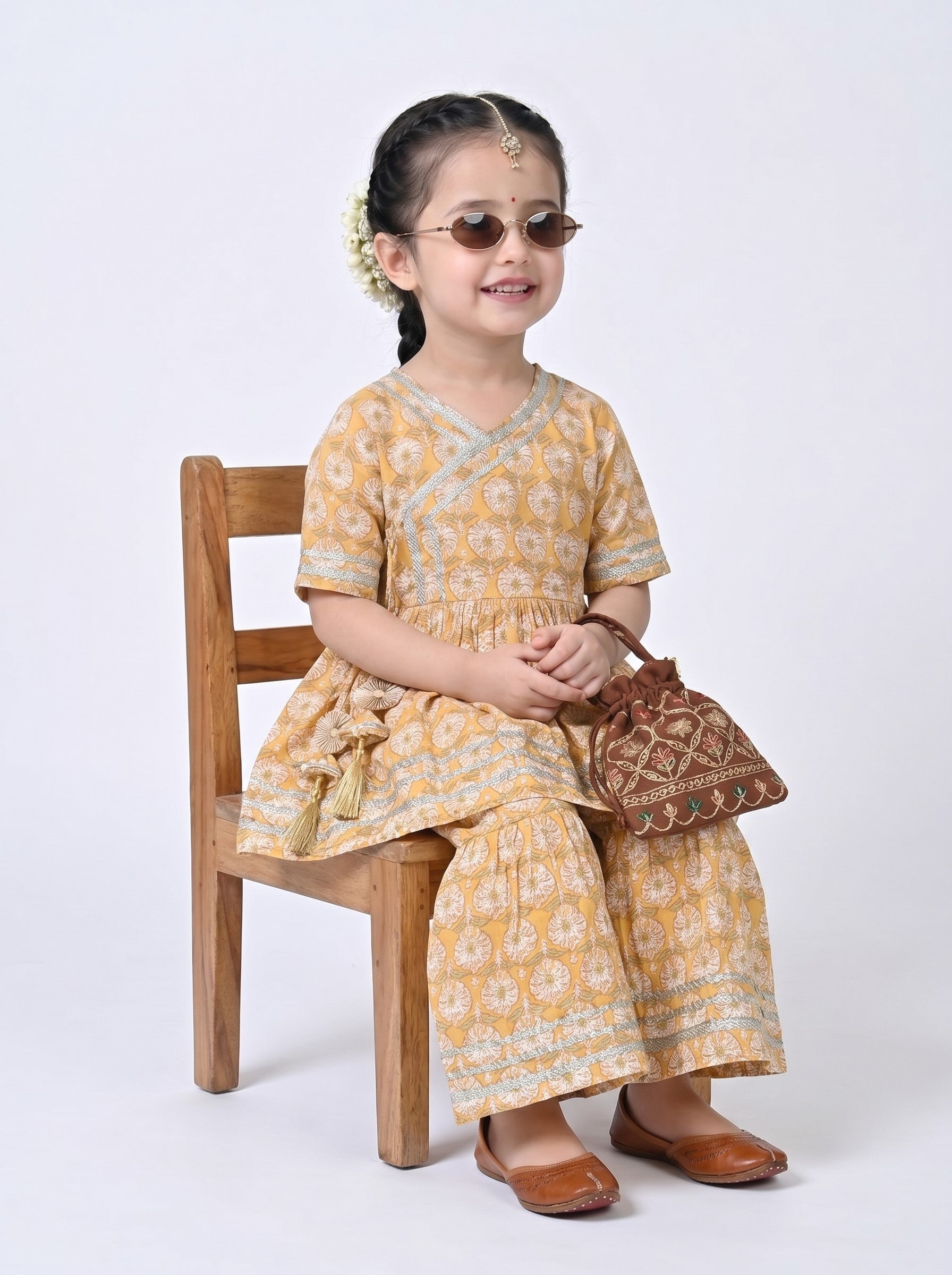 Bella Moda Girls Printed Angrakha Style Kurta with Sharara Co-Ord Set- JUETH762V
