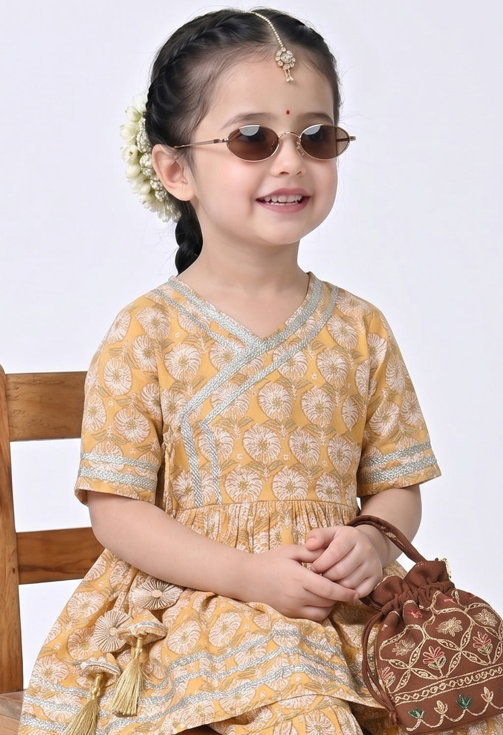 Bella Moda Girls Printed Angrakha Style Kurta with Sharara Co-Ord Set- JUETH762V