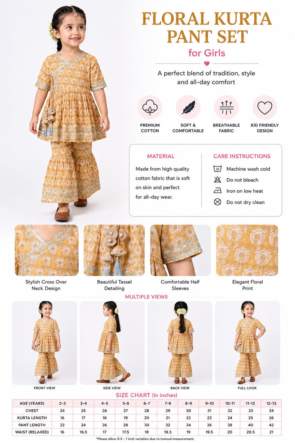 Bella Moda Girls Printed Angrakha Style Kurta with Sharara Co-Ord Set- JUETH762V