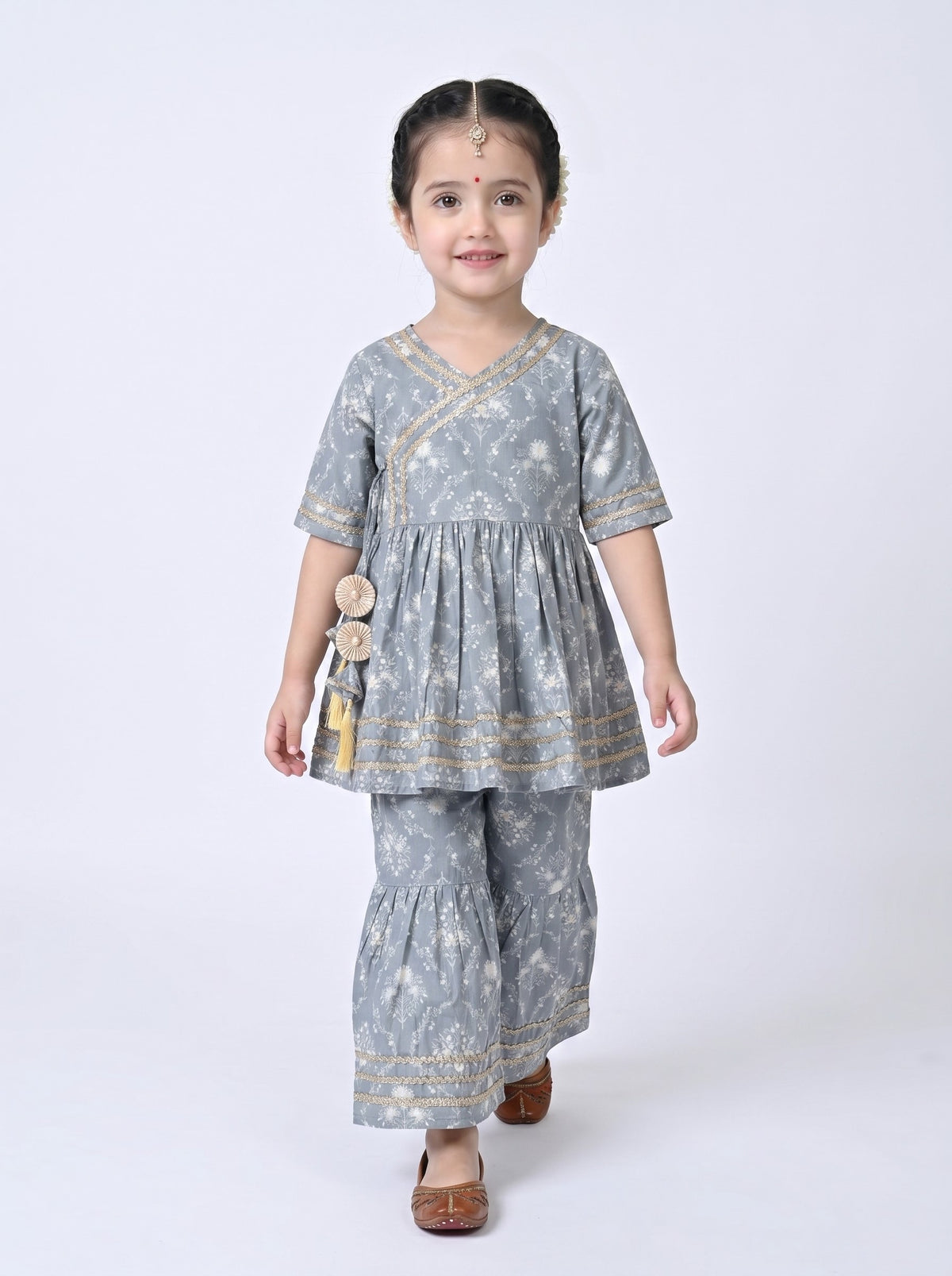 Bella Moda Girls Printed Angrakha Style Kurta with Sharara Co-Ord Set- JUETH763V