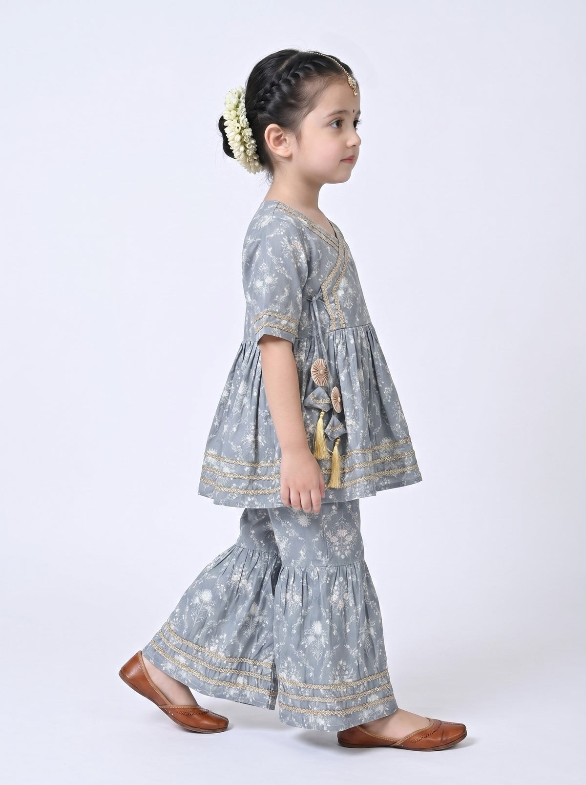 Bella Moda Girls Printed Angrakha Style Kurta with Sharara Co-Ord Set- JUETH763V