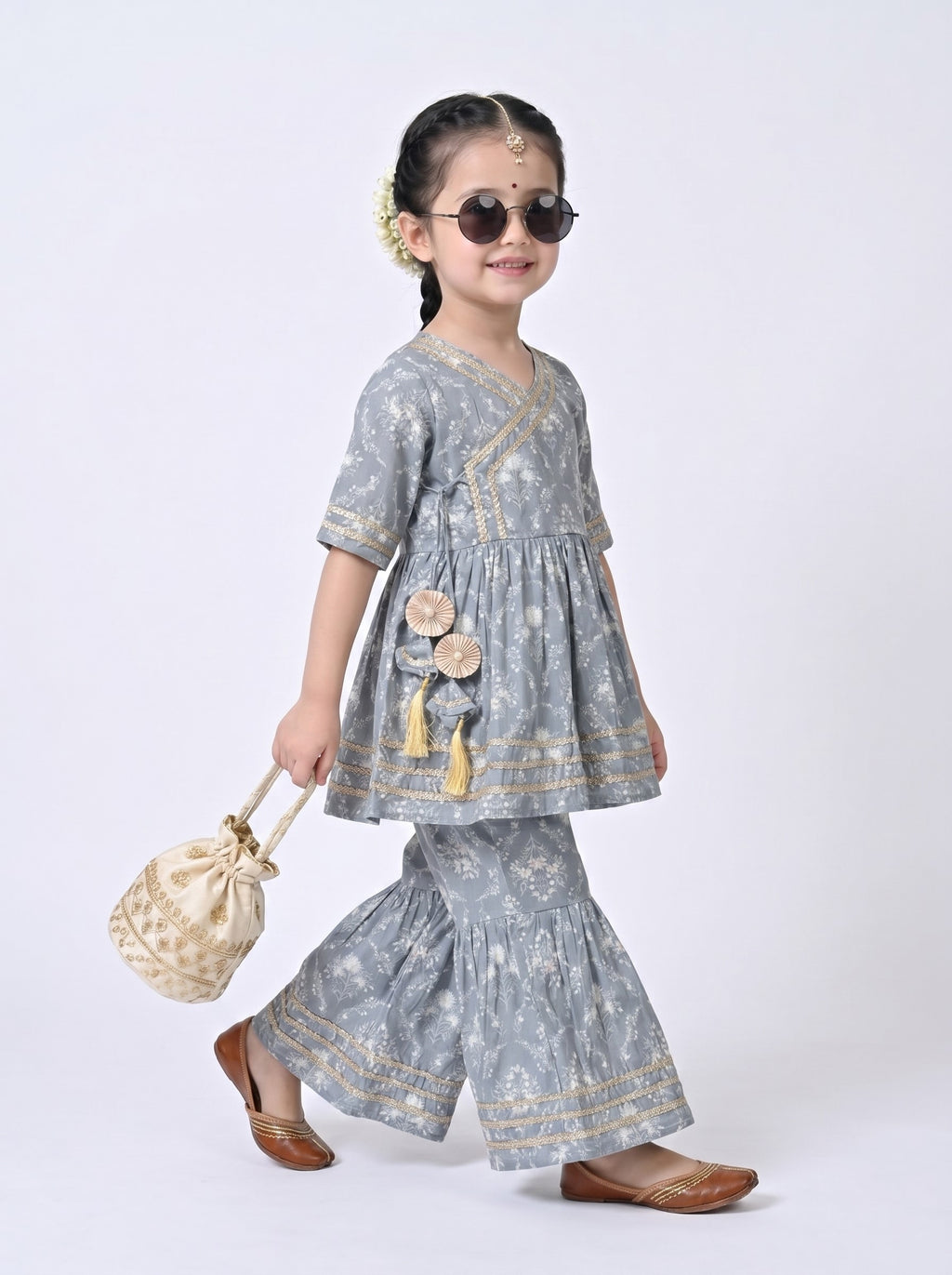 Bella Moda Girls Printed Angrakha Style Kurta with Sharara Co-Ord Set- JUETH763V
