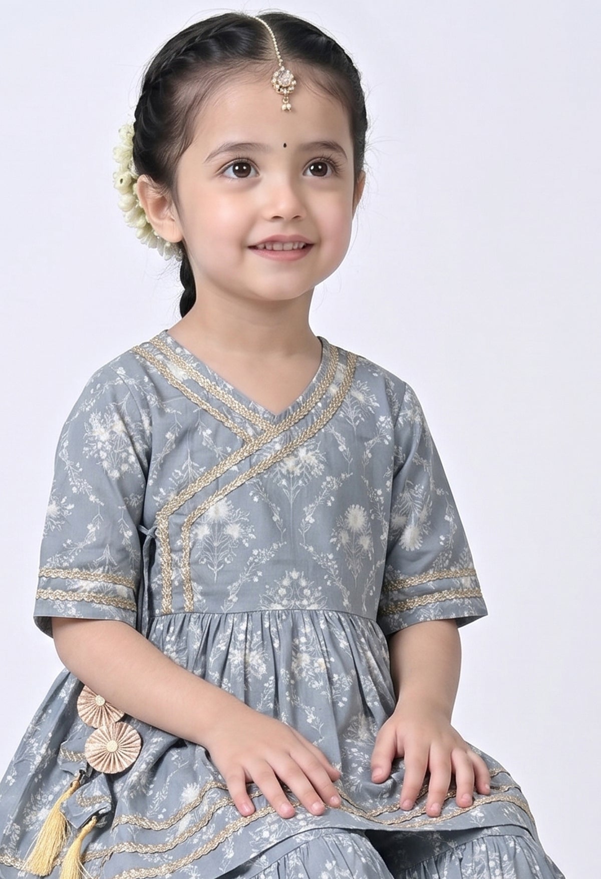 Bella Moda Girls Printed Angrakha Style Kurta with Sharara Co-Ord Set- JUETH763V
