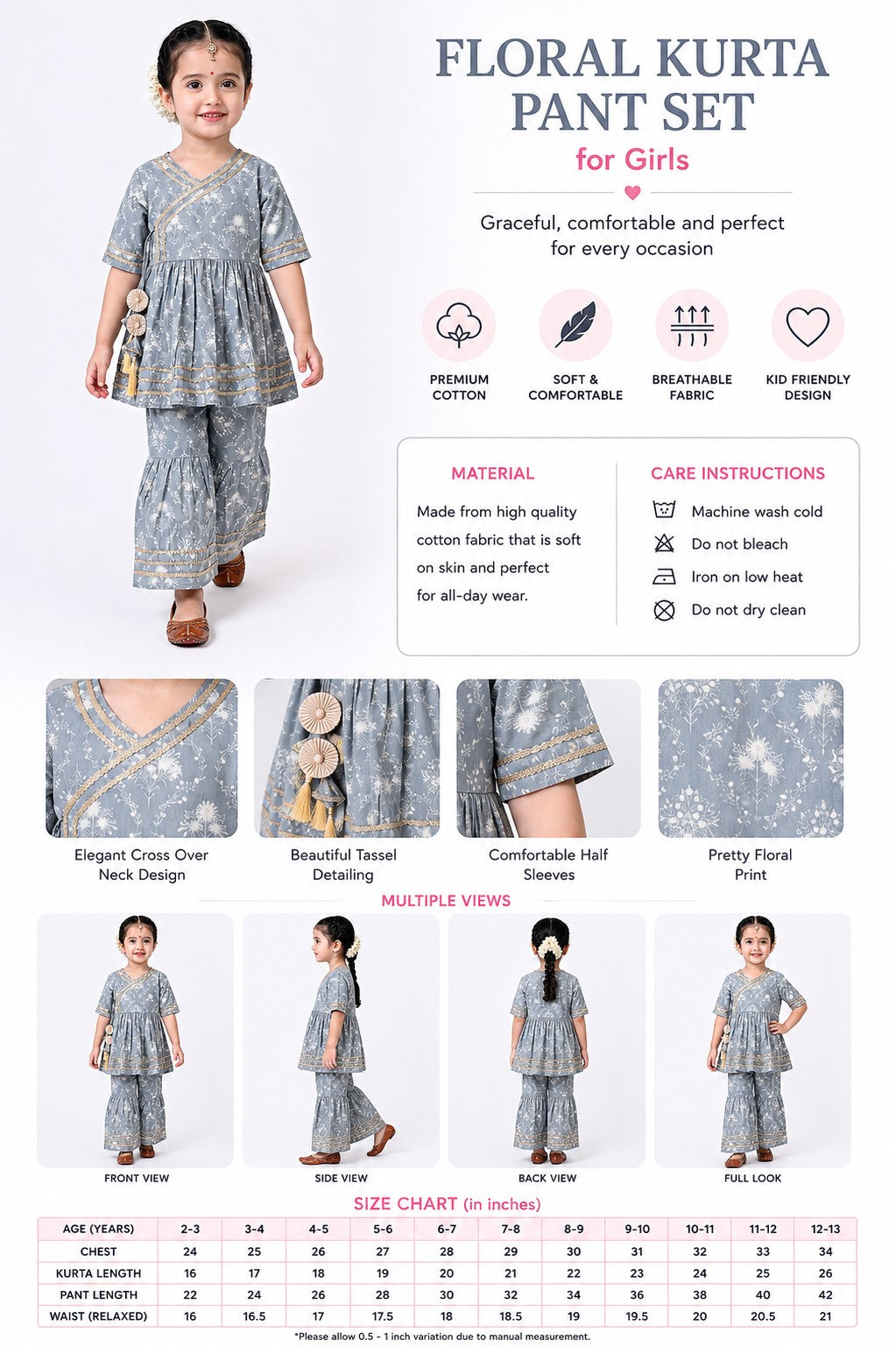 Bella Moda Girls Printed Angrakha Style Kurta with Sharara Co-Ord Set- JUETH763V