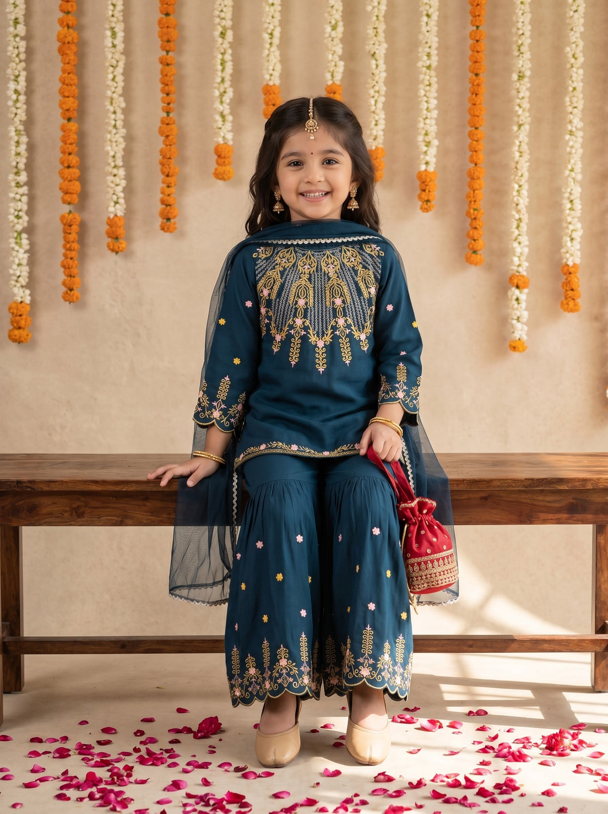 Bella Moda Girls Embroidered Kurta with Sharara & Dupatta Ethnic Set- JUETH774AF