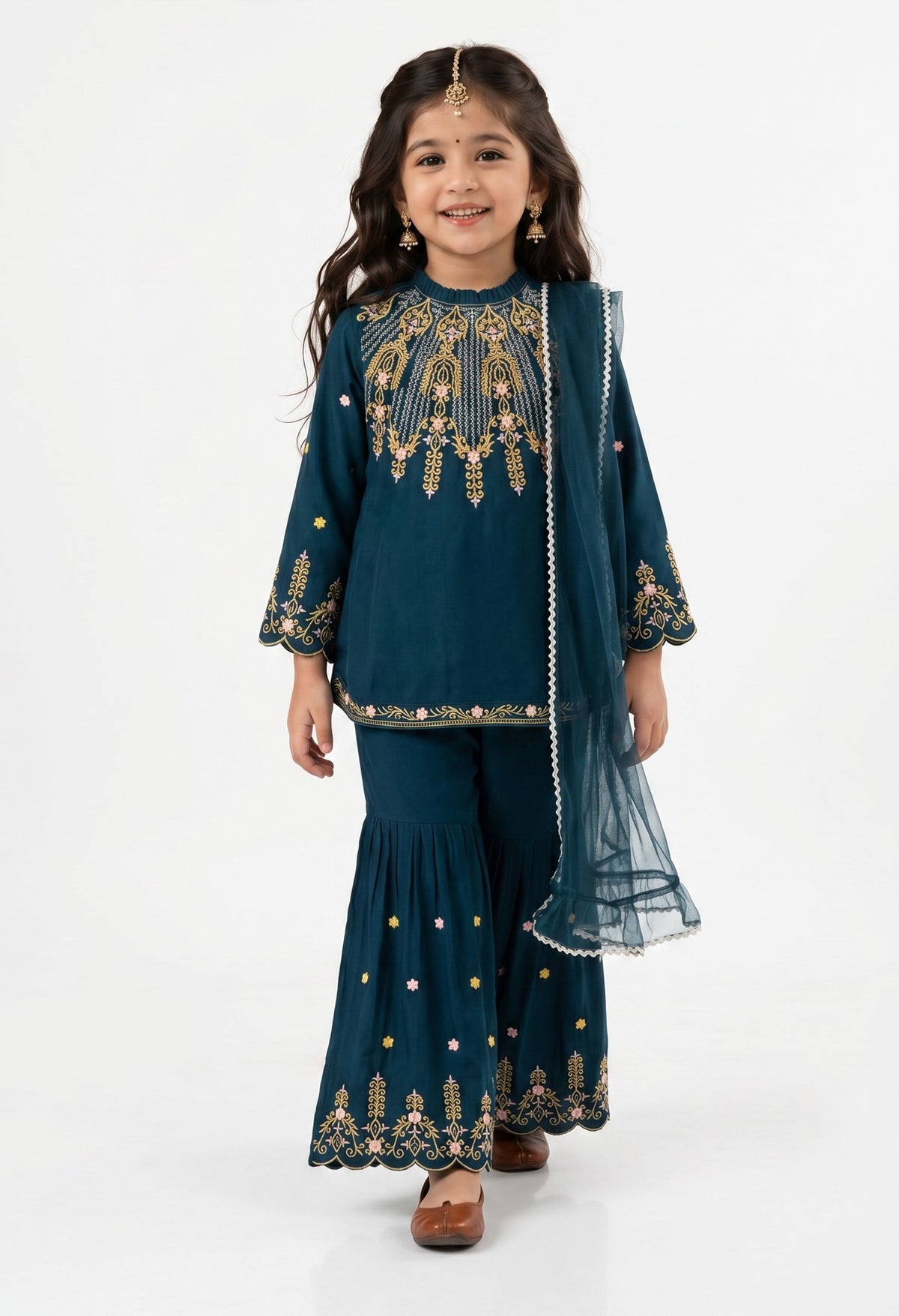 Bella Moda Girls Embroidered Kurta with Sharara & Dupatta Ethnic Set- JUETH774AF