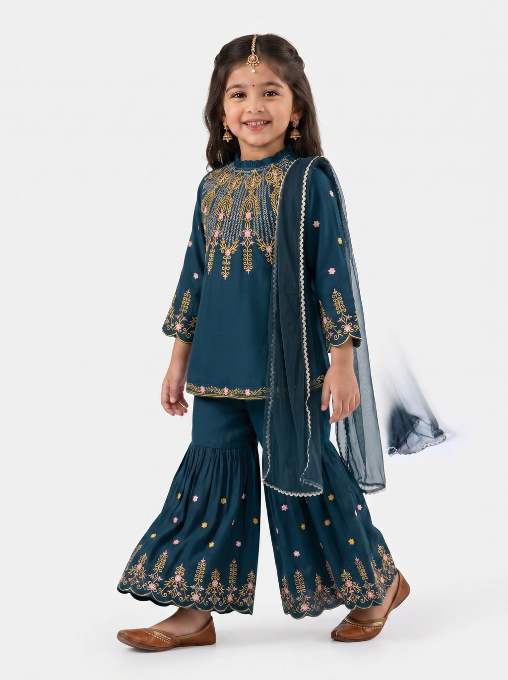 Bella Moda Girls Embroidered Kurta with Sharara & Dupatta Ethnic Set- JUETH774AF