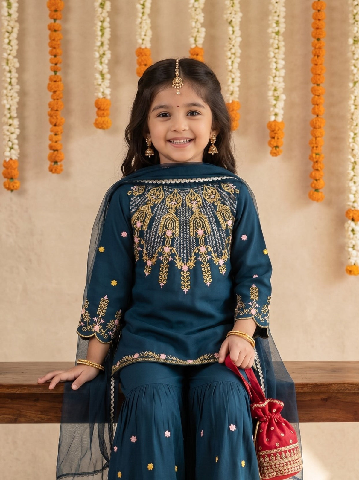 Bella Moda Girls Embroidered Kurta with Sharara & Dupatta Ethnic Set- JUETH774AF