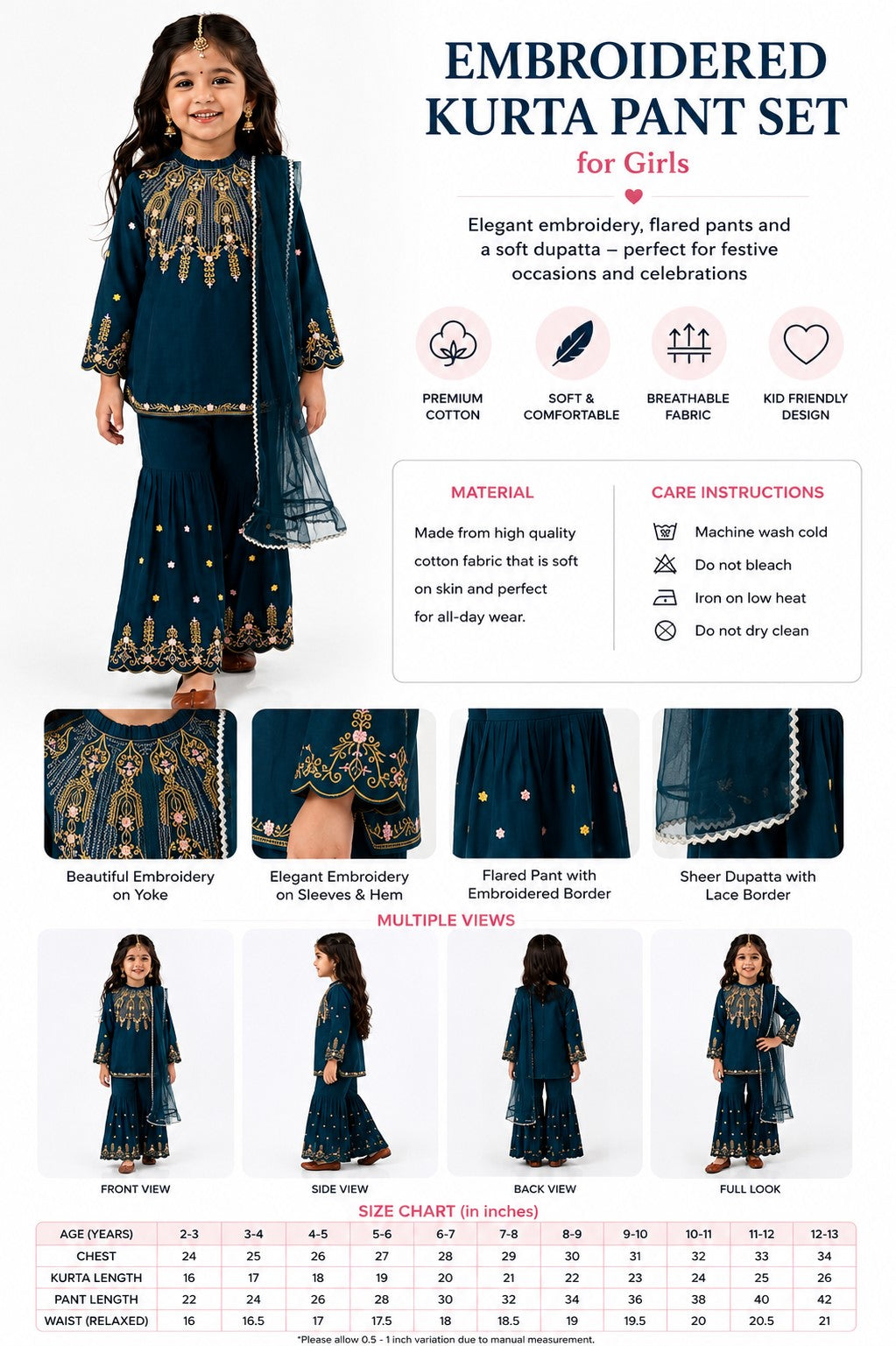 Bella Moda Girls Embroidered Kurta with Sharara & Dupatta Ethnic Set- JUETH774AF