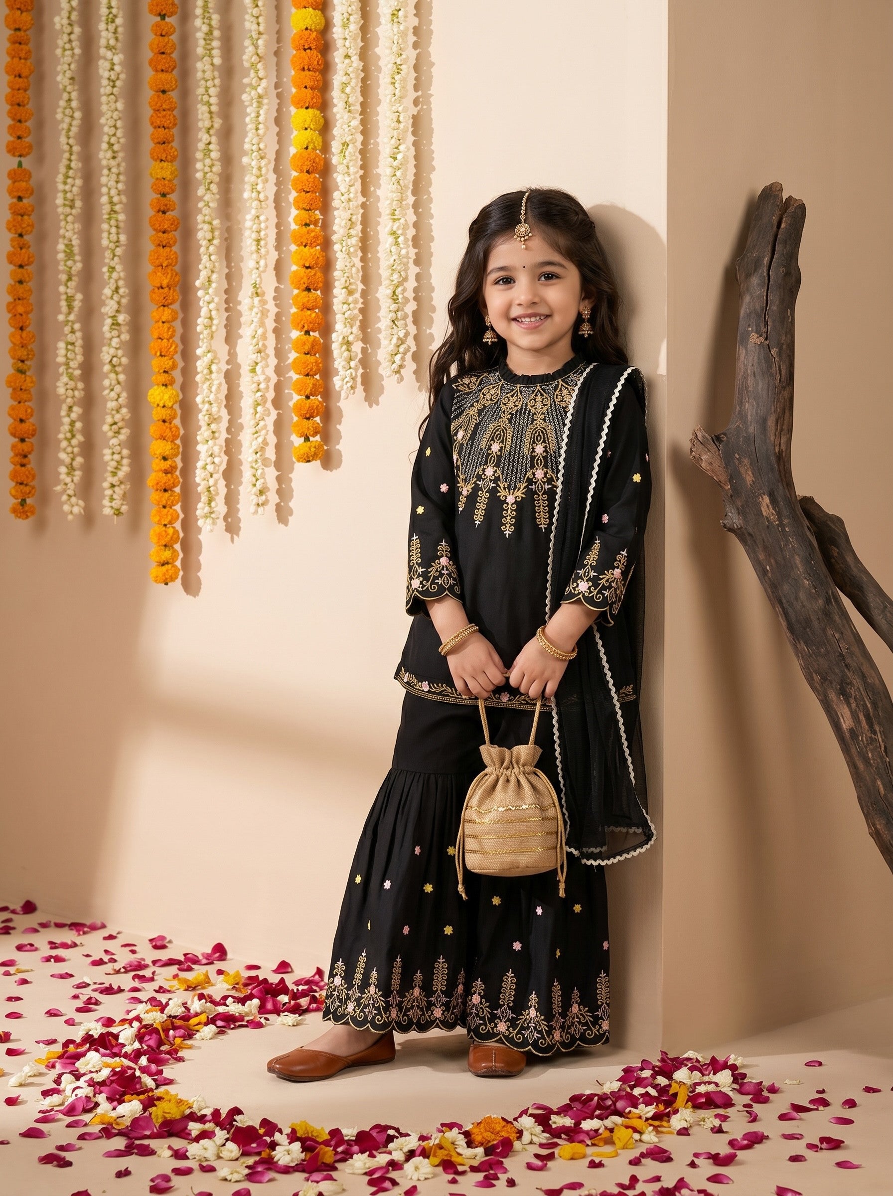 Bella Moda Girls Embroidered Kurta with Sharara & Dupatta Ethnic Set- JUETH775AF
