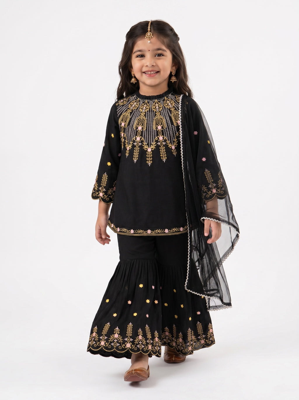 Bella Moda Girls Embroidered Kurta with Sharara & Dupatta Ethnic Set- JUETH775AF