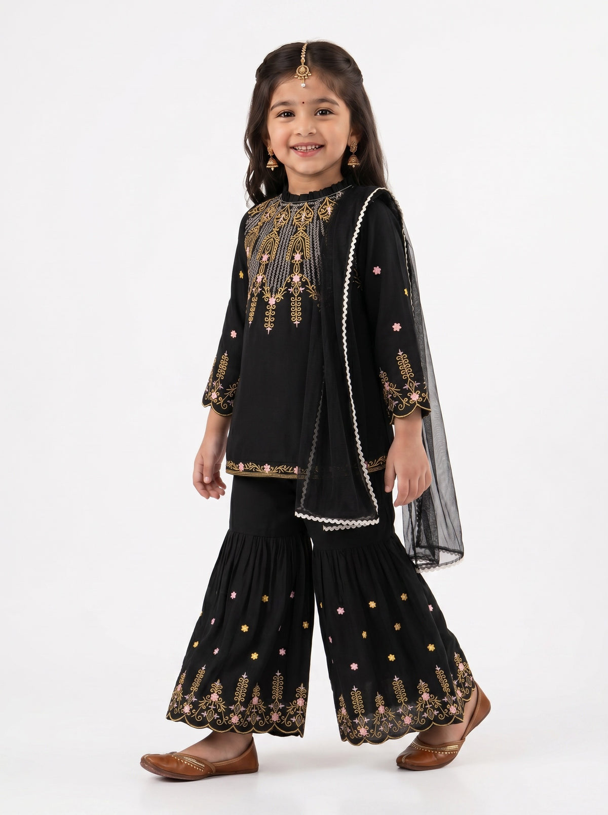 Bella Moda Girls Embroidered Kurta with Sharara & Dupatta Ethnic Set- JUETH775AF