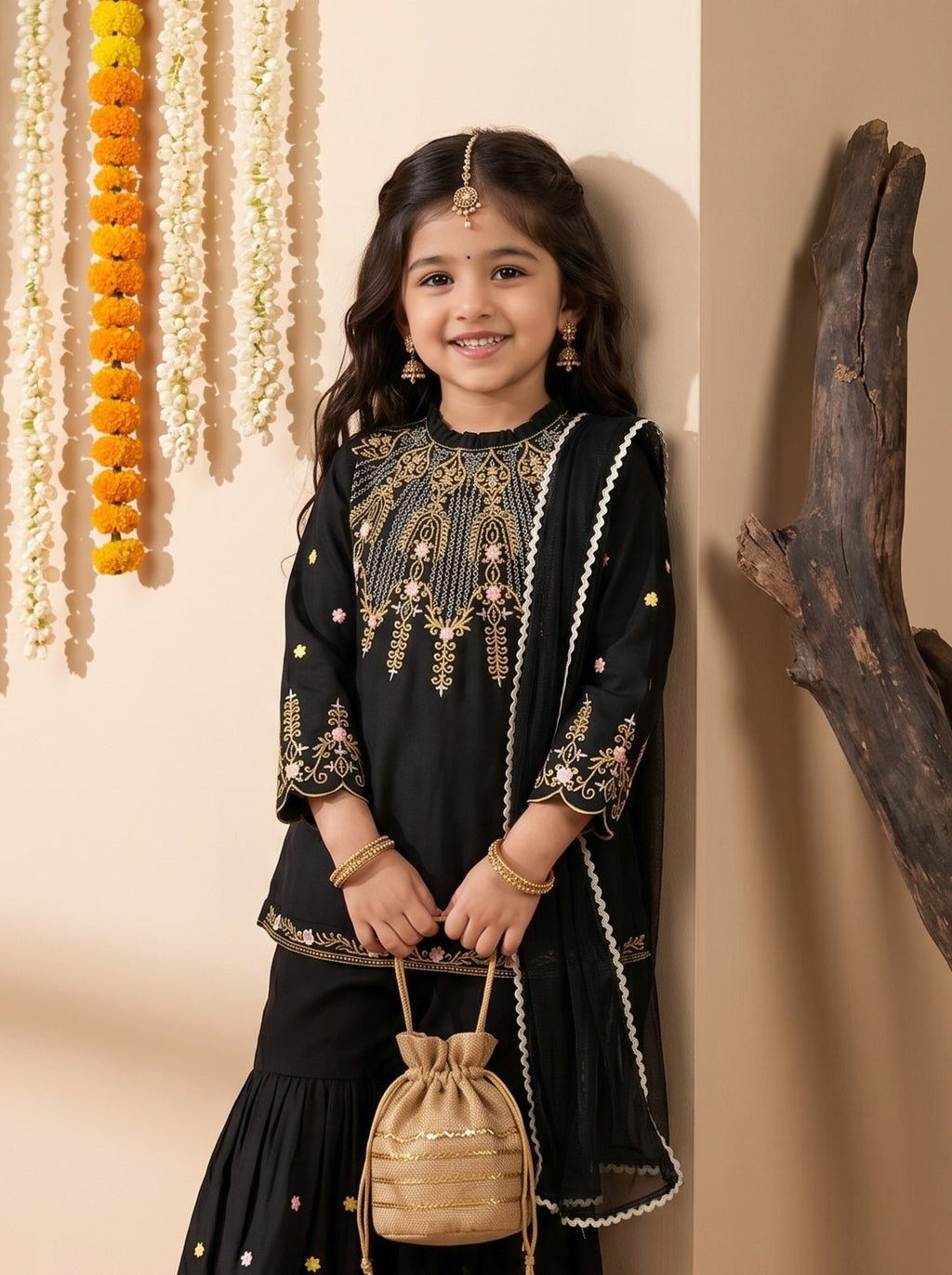 Bella Moda Girls Embroidered Kurta with Sharara & Dupatta Ethnic Set- JUETH775AF