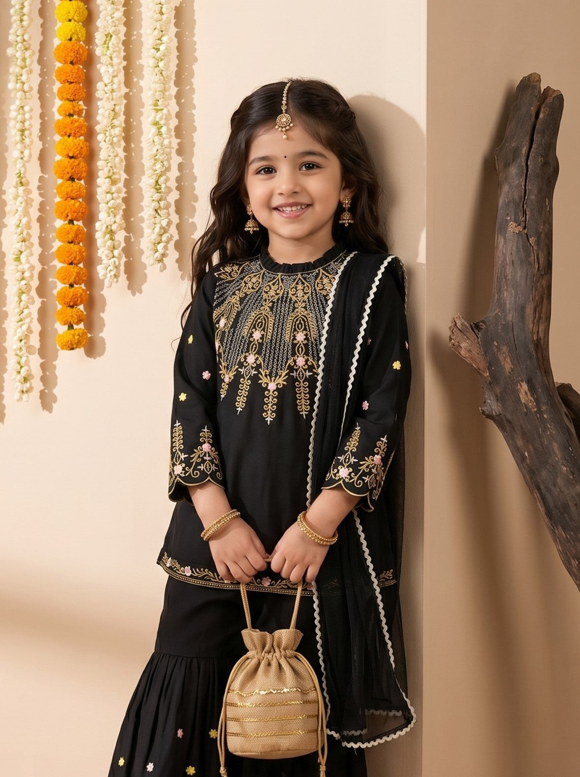 Bella Moda Girls Embroidered Kurta with Sharara & Dupatta Ethnic Set- JUETH775AF