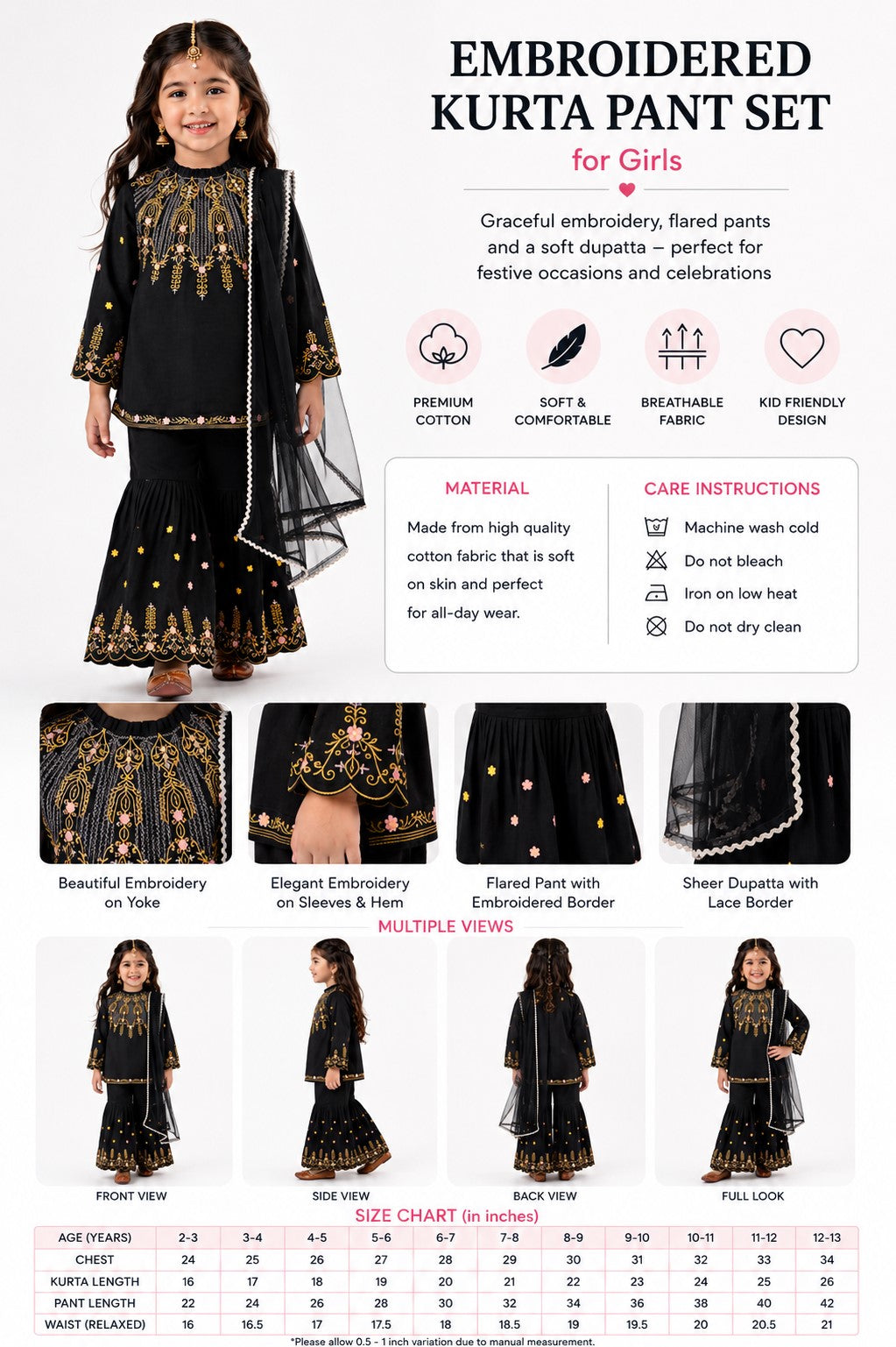 Bella Moda Girls Embroidered Kurta with Sharara & Dupatta Ethnic Set- JUETH775AF