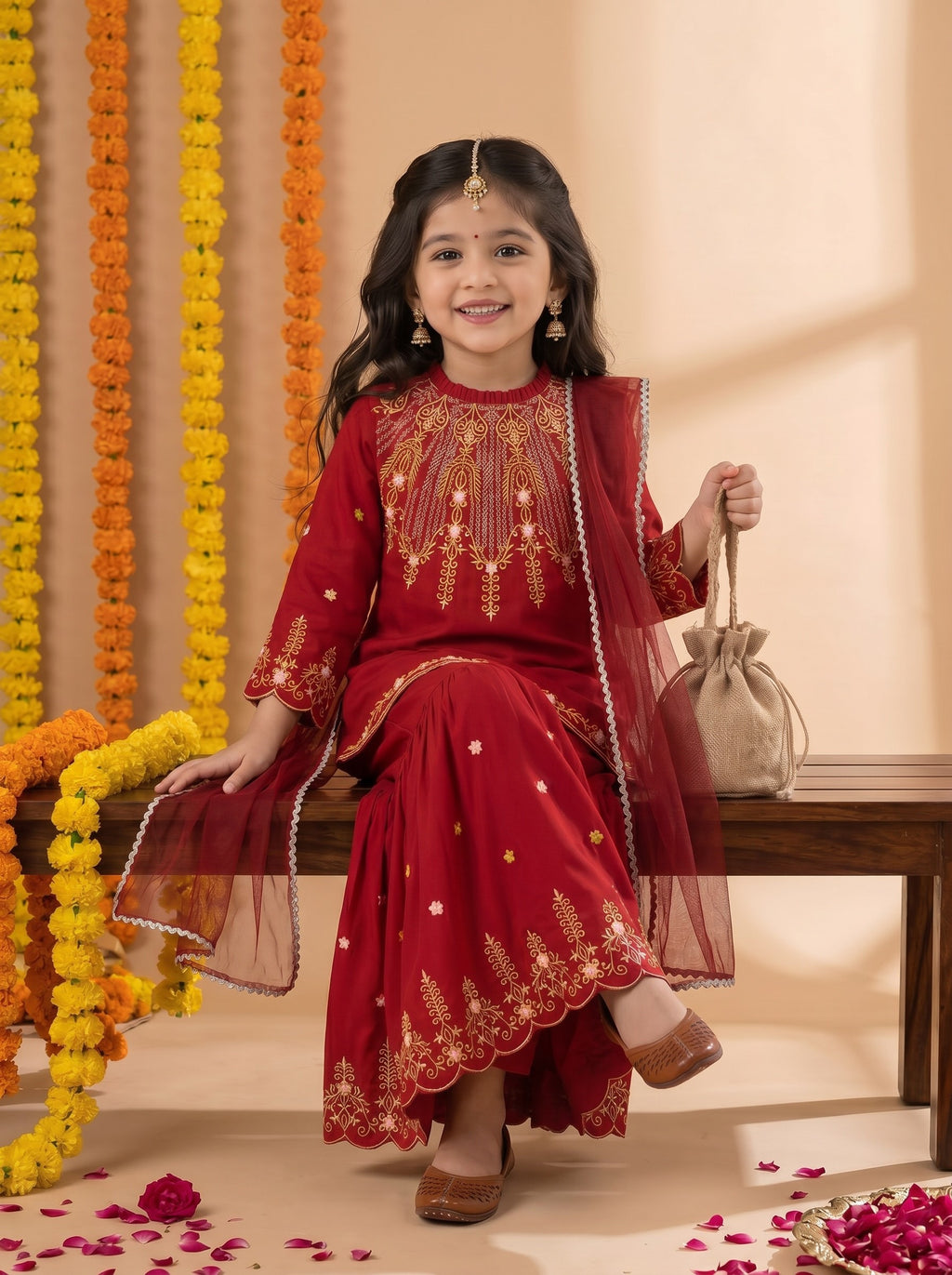 Bella Moda Girls Embroidered Kurta with Sharara & Dupatta Ethnic Set- JUETH776AF