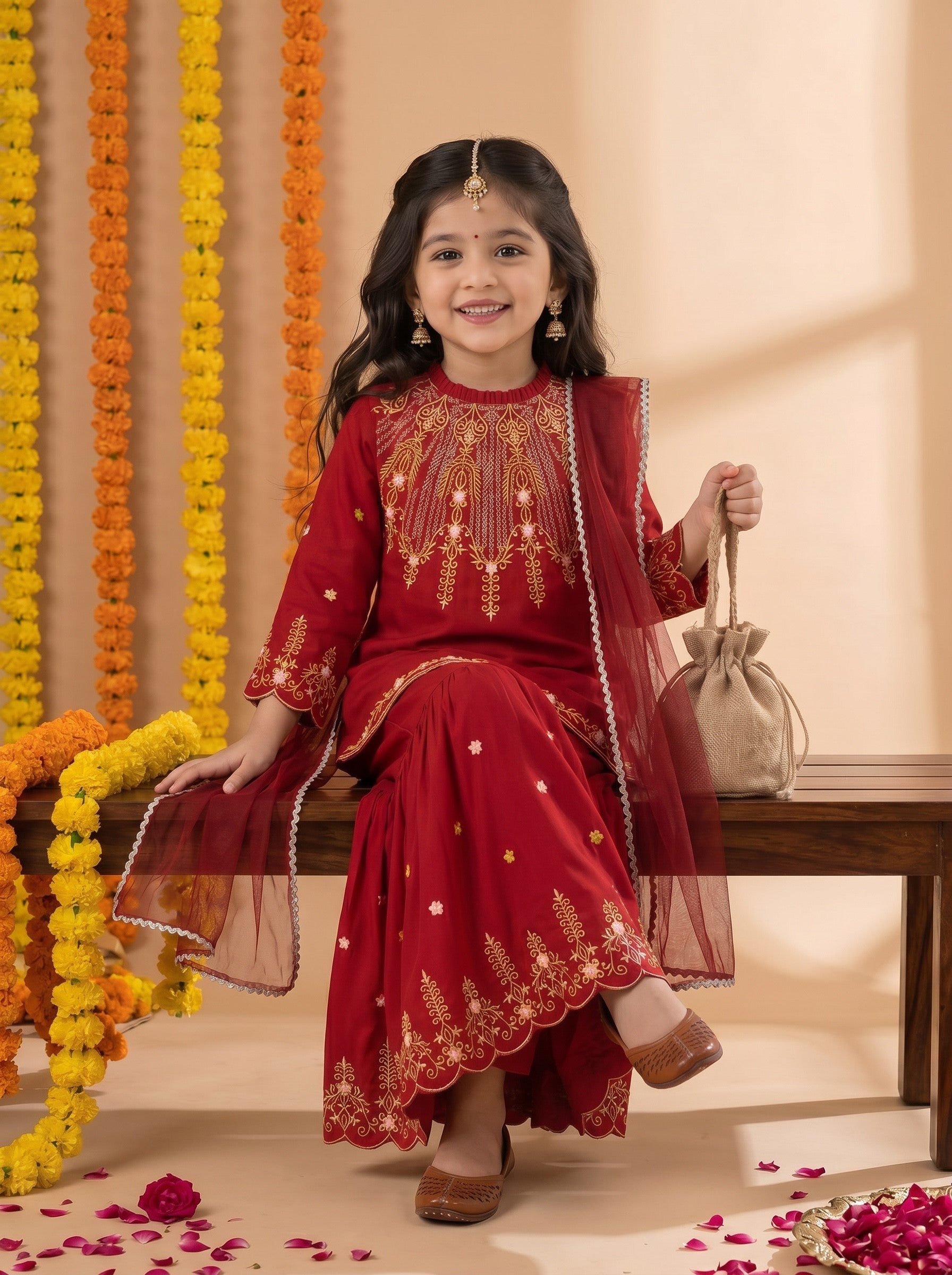 Bella Moda Girls Embroidered Kurta with Sharara & Dupatta Ethnic Set- JUETH776AF