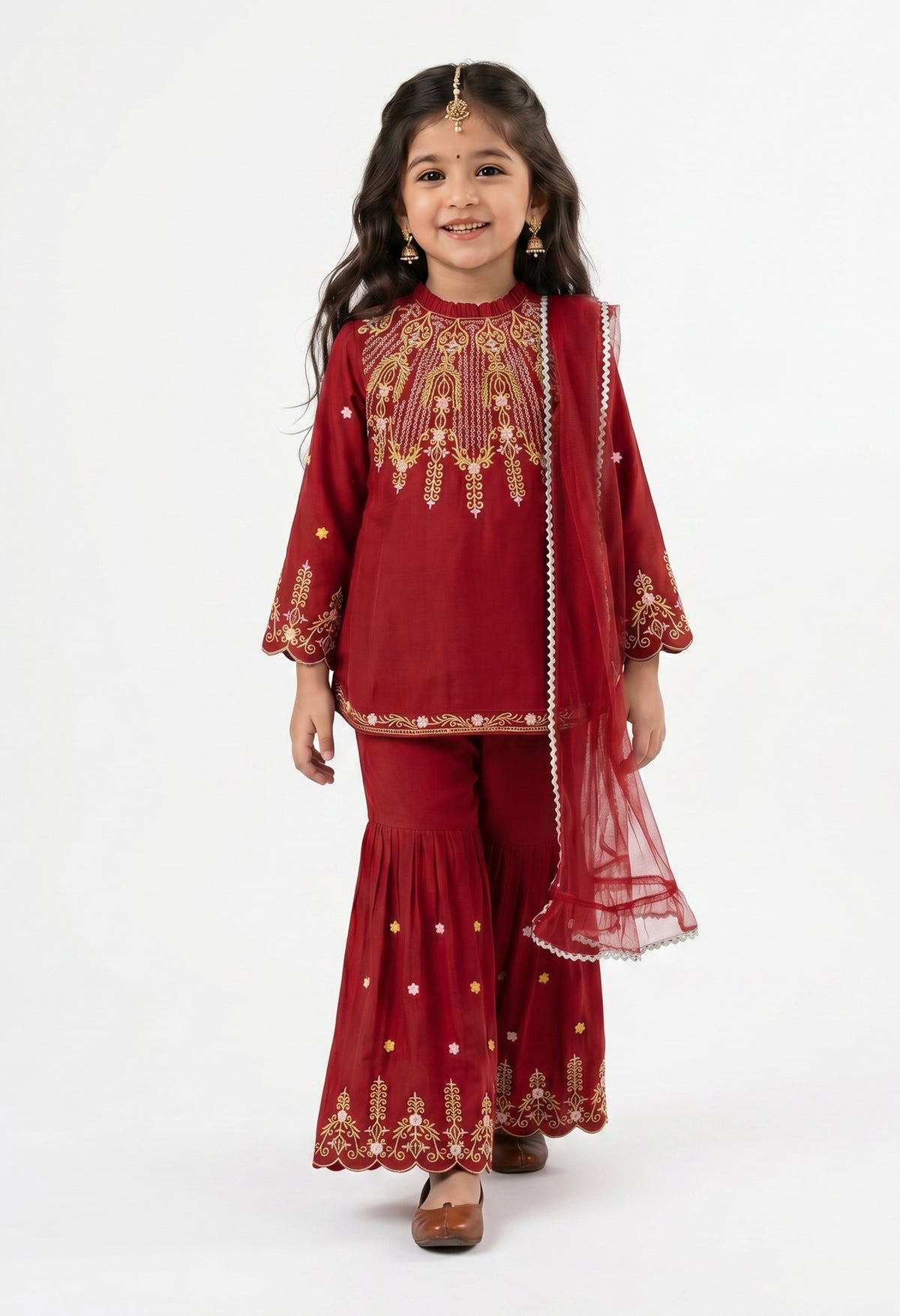 Bella Moda Girls Embroidered Kurta with Sharara & Dupatta Ethnic Set- JUETH776AF