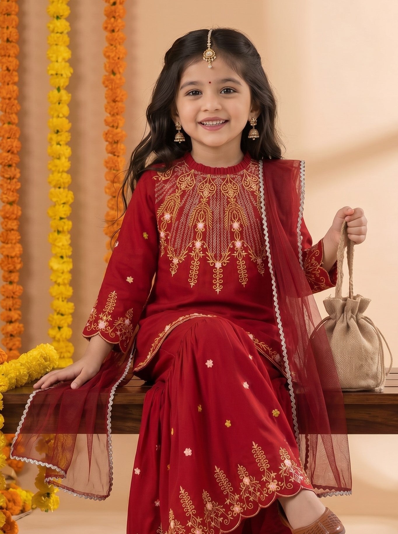 Bella Moda Girls Embroidered Kurta with Sharara & Dupatta Ethnic Set- JUETH776AF