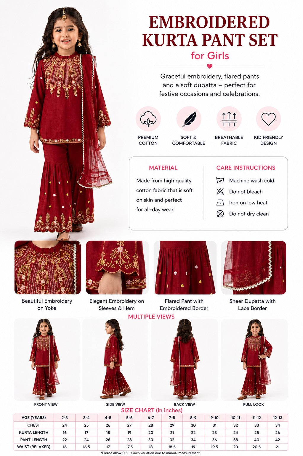 Bella Moda Girls Embroidered Kurta with Sharara & Dupatta Ethnic Set- JUETH776AF