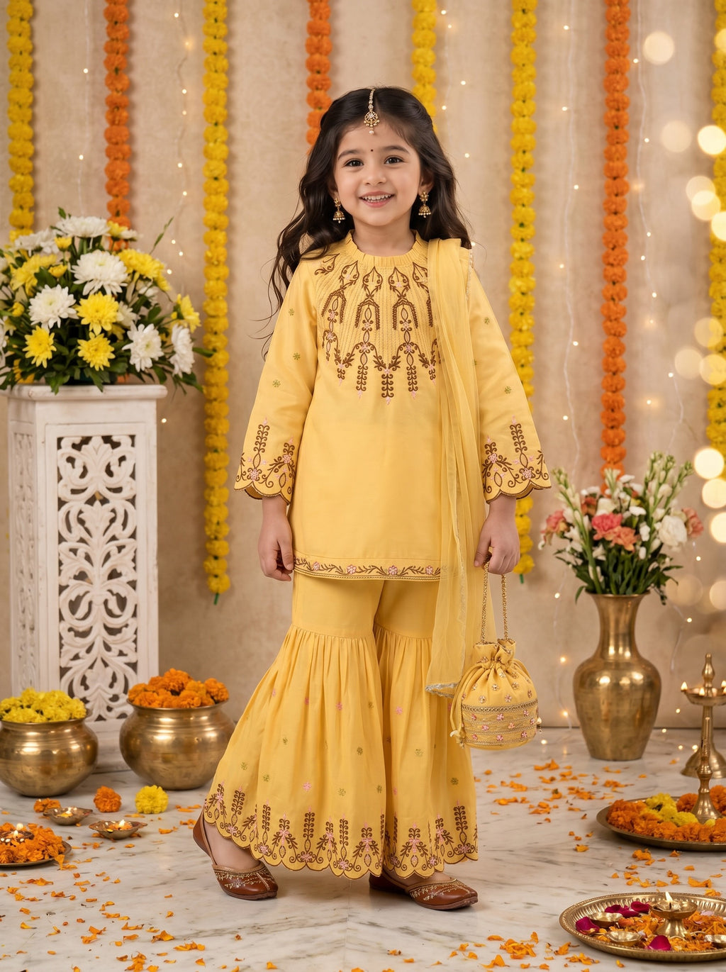 Bella Moda Girls Embroidered Kurta with Sharara & Dupatta Ethnic Set- JUETH777AF