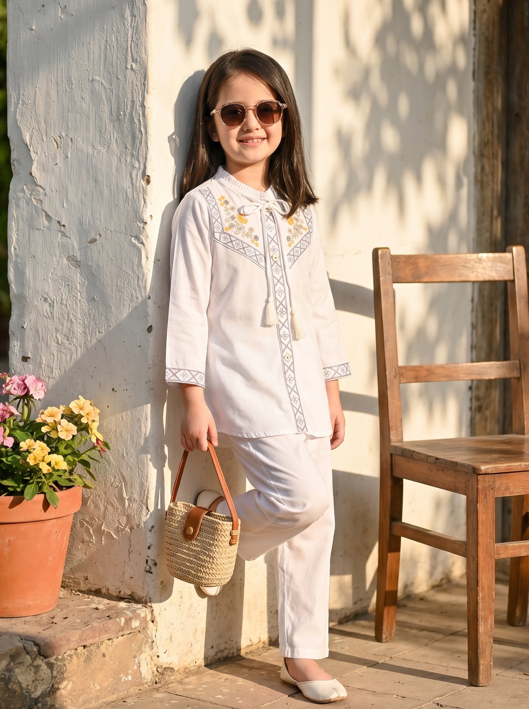 Bella Moda Girls Embroidered Kurta with Straight Pants Ethnic Set- JUETH783X