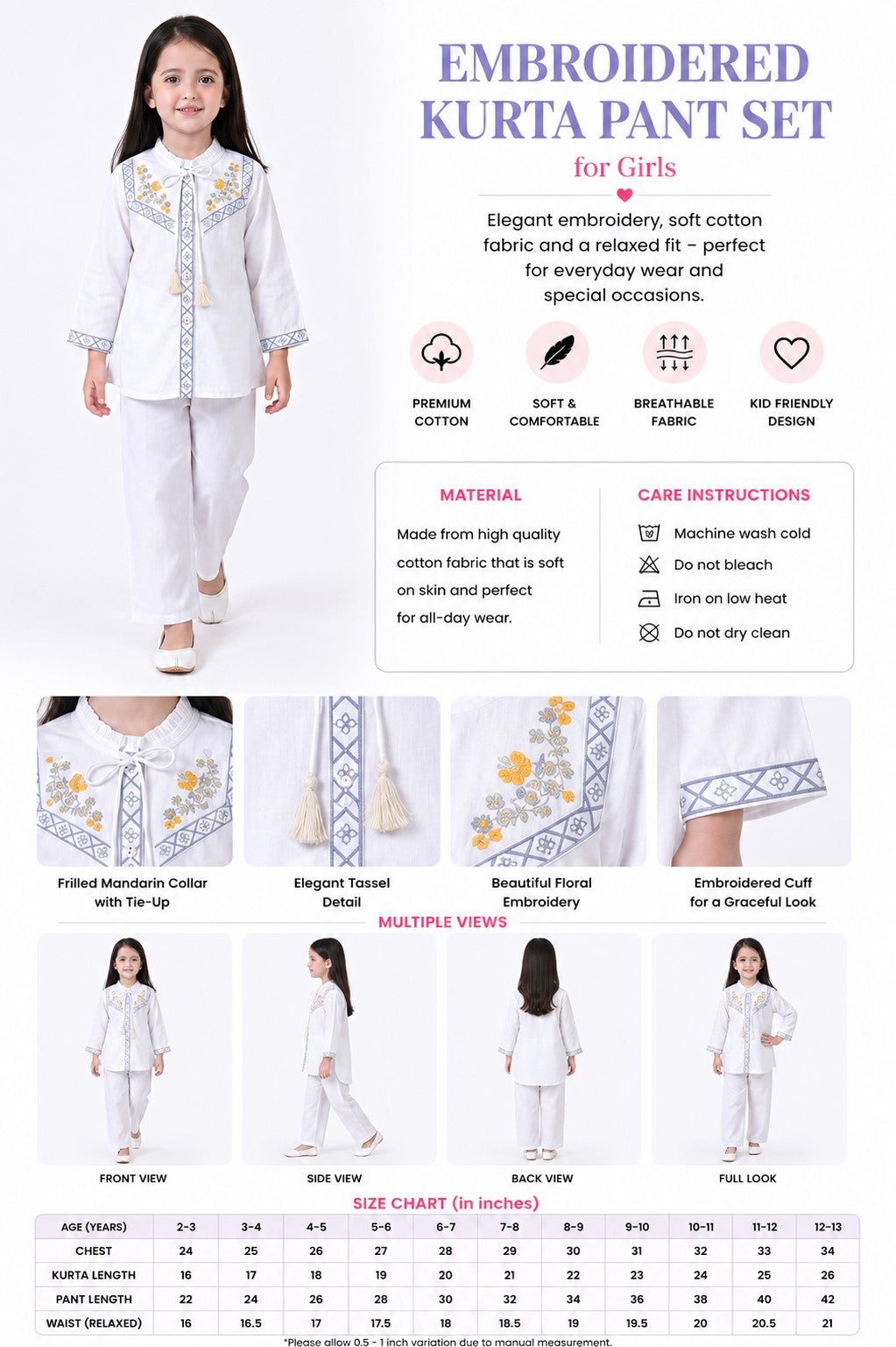 Bella Moda Girls Embroidered Kurta with Straight Pants Ethnic Set- JUETH783X