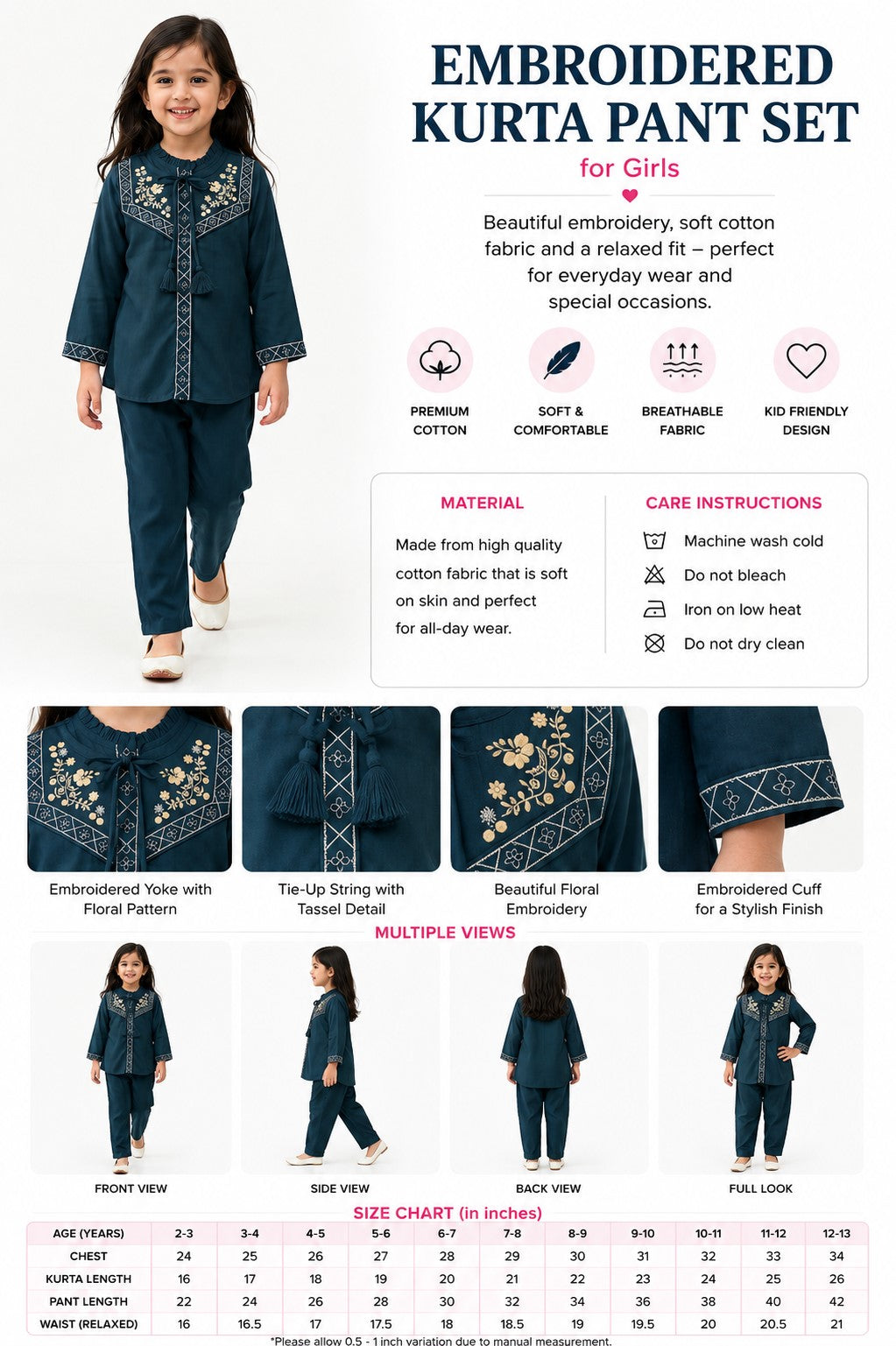 Bella Moda Girls Embroidered Kurta with Straight Pants Ethnic Set- JUETH784X