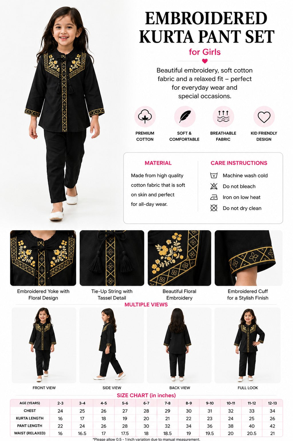 Bella Moda Girls Embroidered Kurta with Straight Pants Ethnic Set- JUETH785X