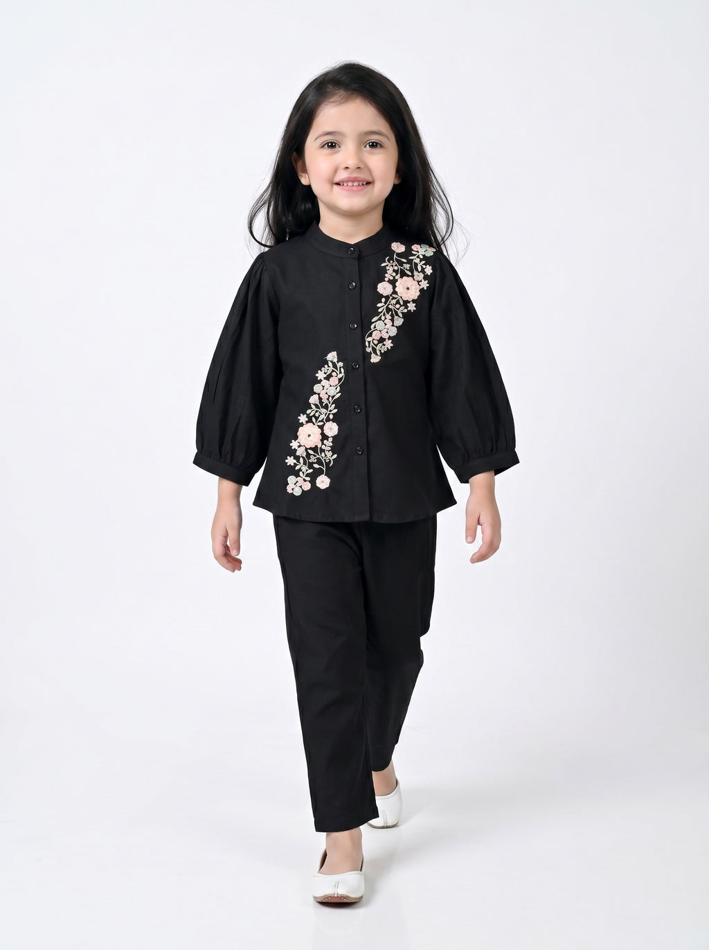 Bella Moda Girls Floral Embroidered Top with Straight Pants Co-Ord Set- JUETH786X