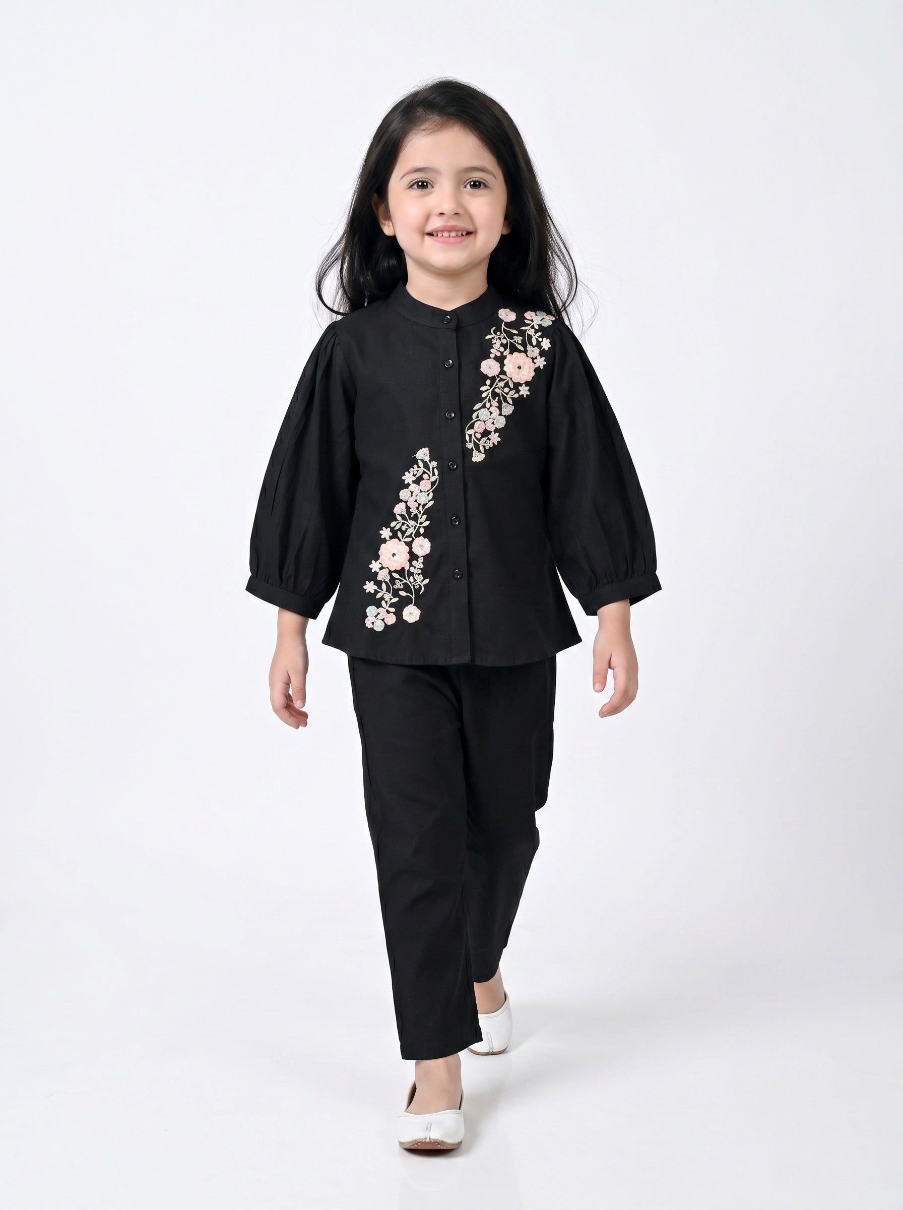 Bella Moda Girls Floral Embroidered Top with Straight Pants Co-Ord Set- JUETH786X
