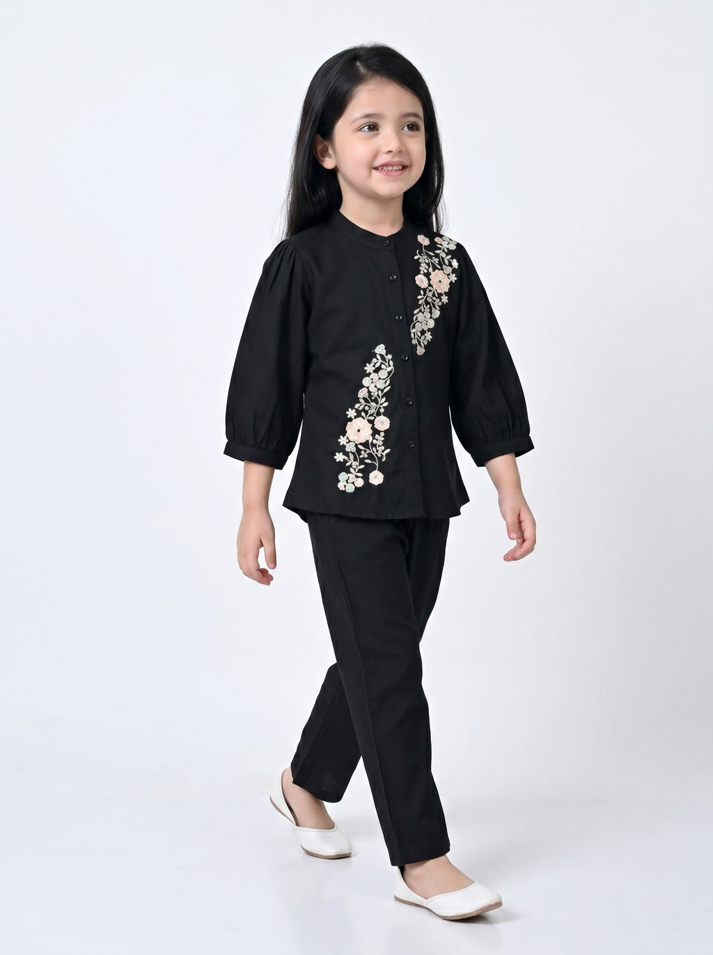 Bella Moda Girls Floral Embroidered Top with Straight Pants Co-Ord Set- JUETH786X
