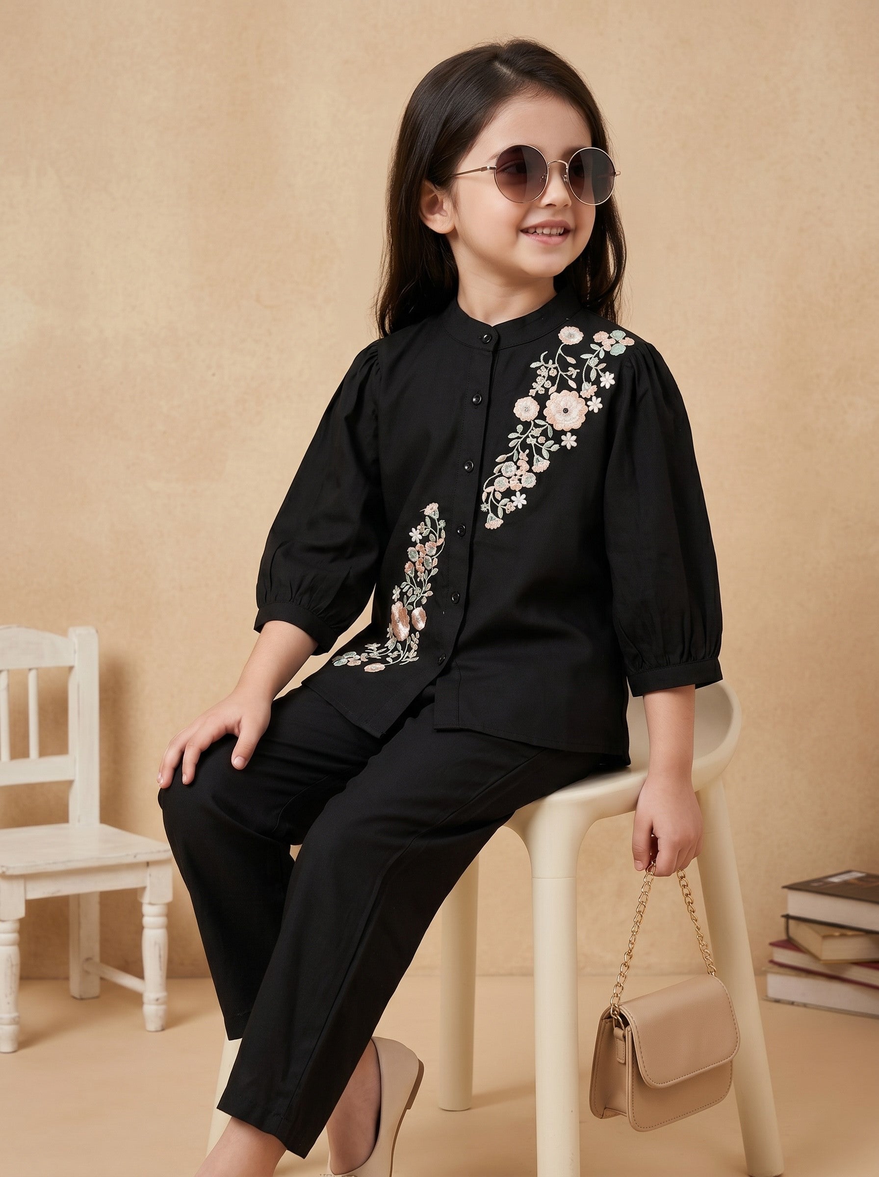 Bella Moda Girls Floral Embroidered Top with Straight Pants Co-Ord Set- JUETH786X