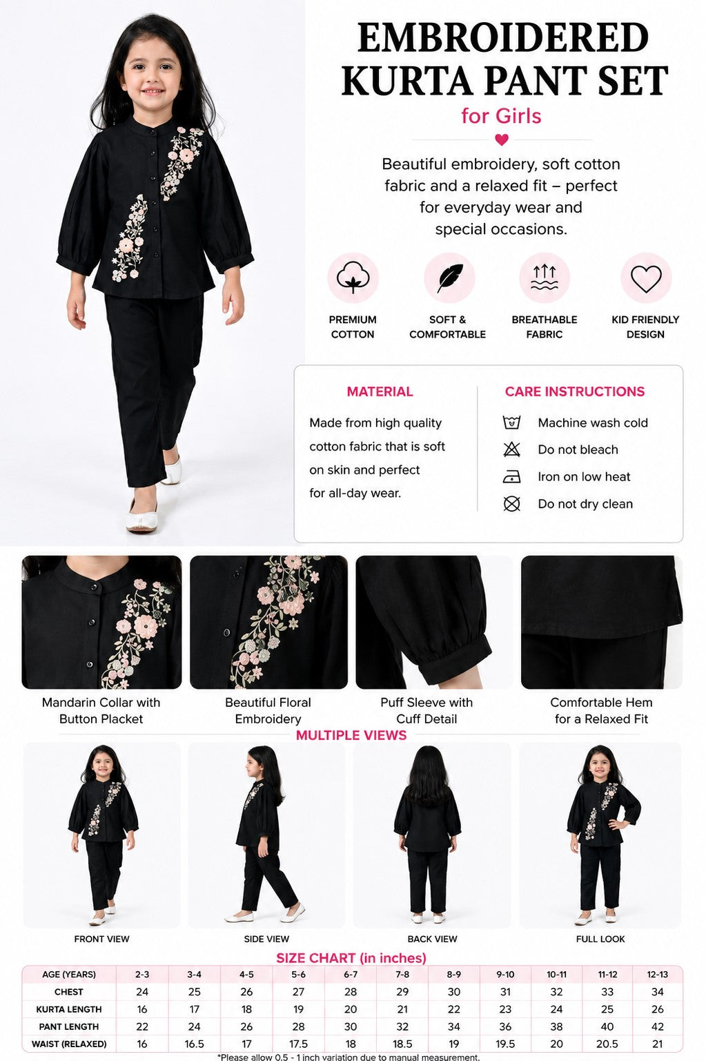 Bella Moda Girls Floral Embroidered Top with Straight Pants Co-Ord Set- JUETH786X