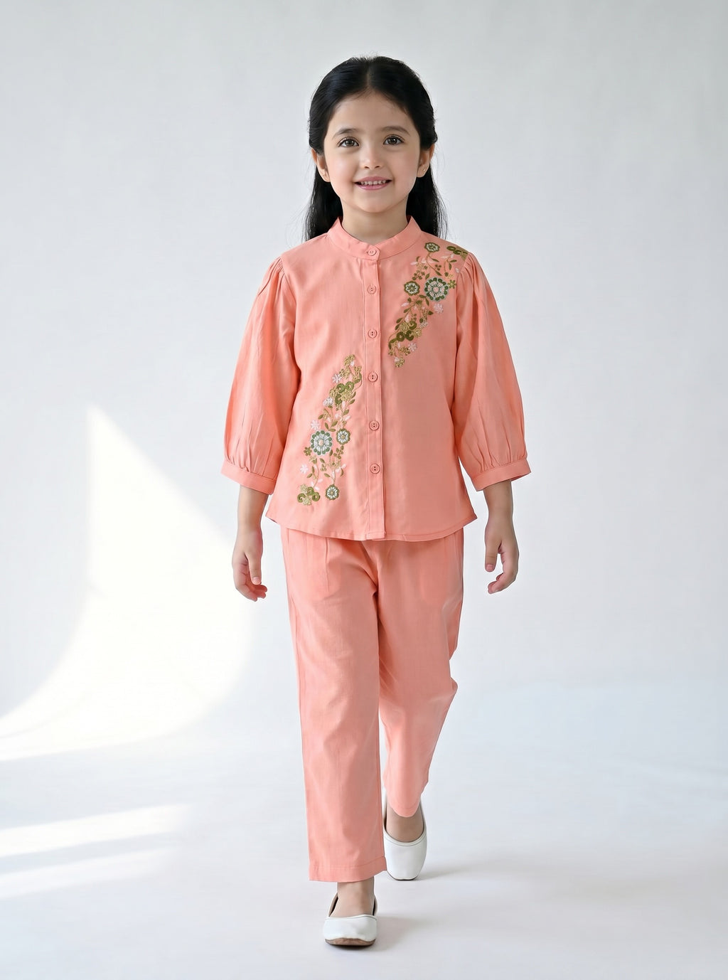 Bella Moda Girls Floral Embroidered Top with Straight Pants Co-Ord Set- JUETH787X