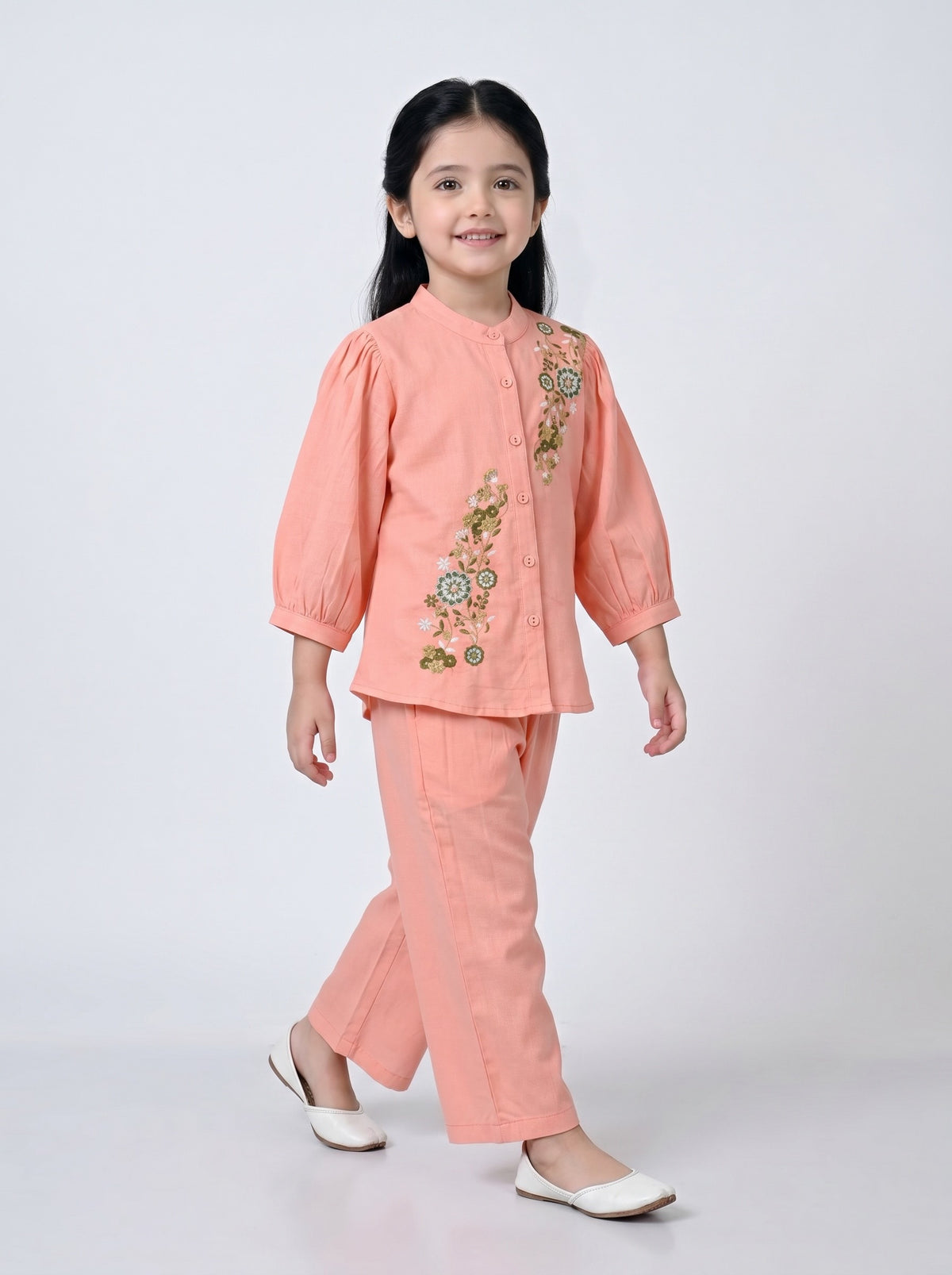 Bella Moda Girls Floral Embroidered Top with Straight Pants Co-Ord Set- JUETH787X