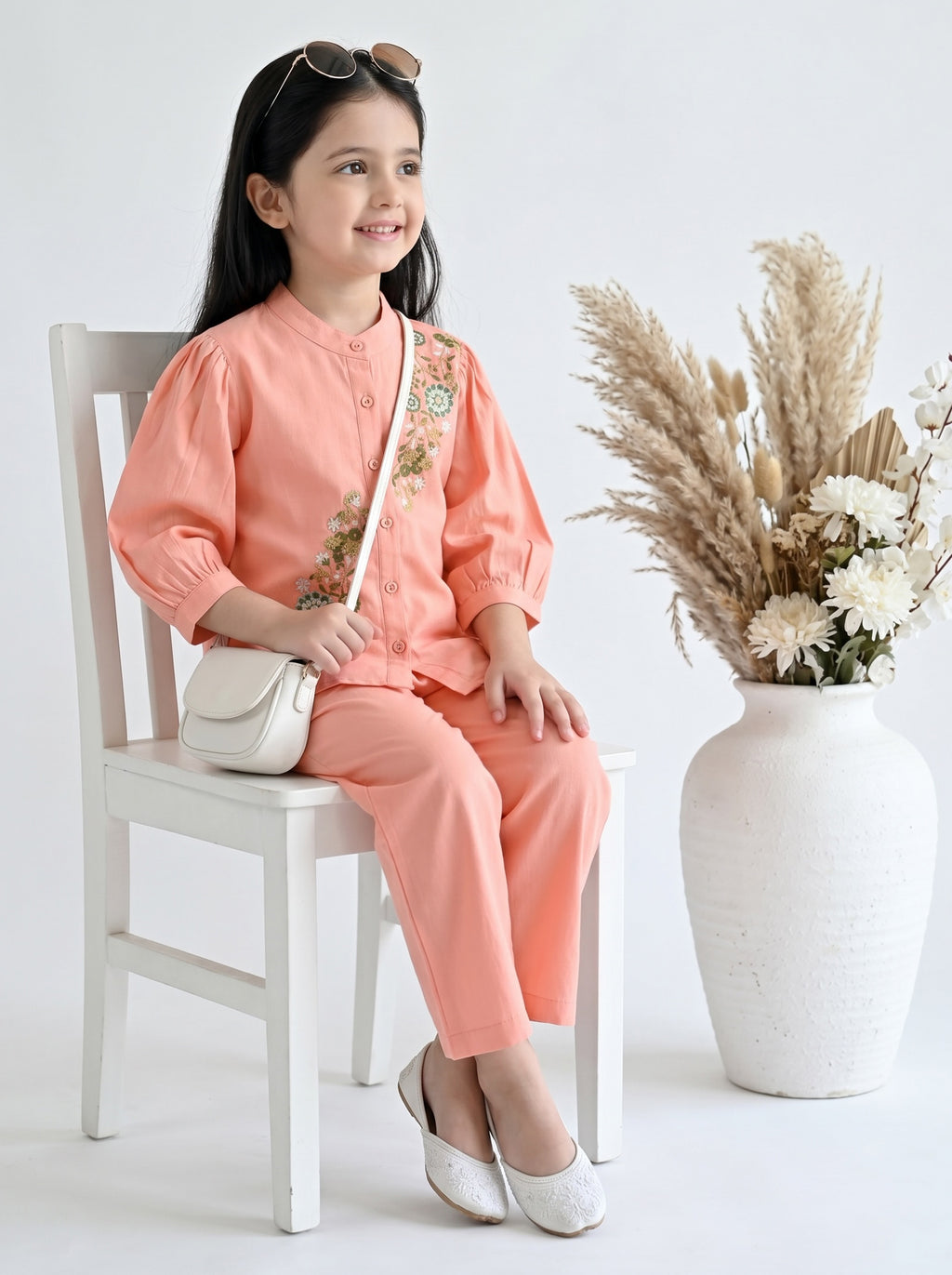 Bella Moda Girls Floral Embroidered Top with Straight Pants Co-Ord Set- JUETH787X