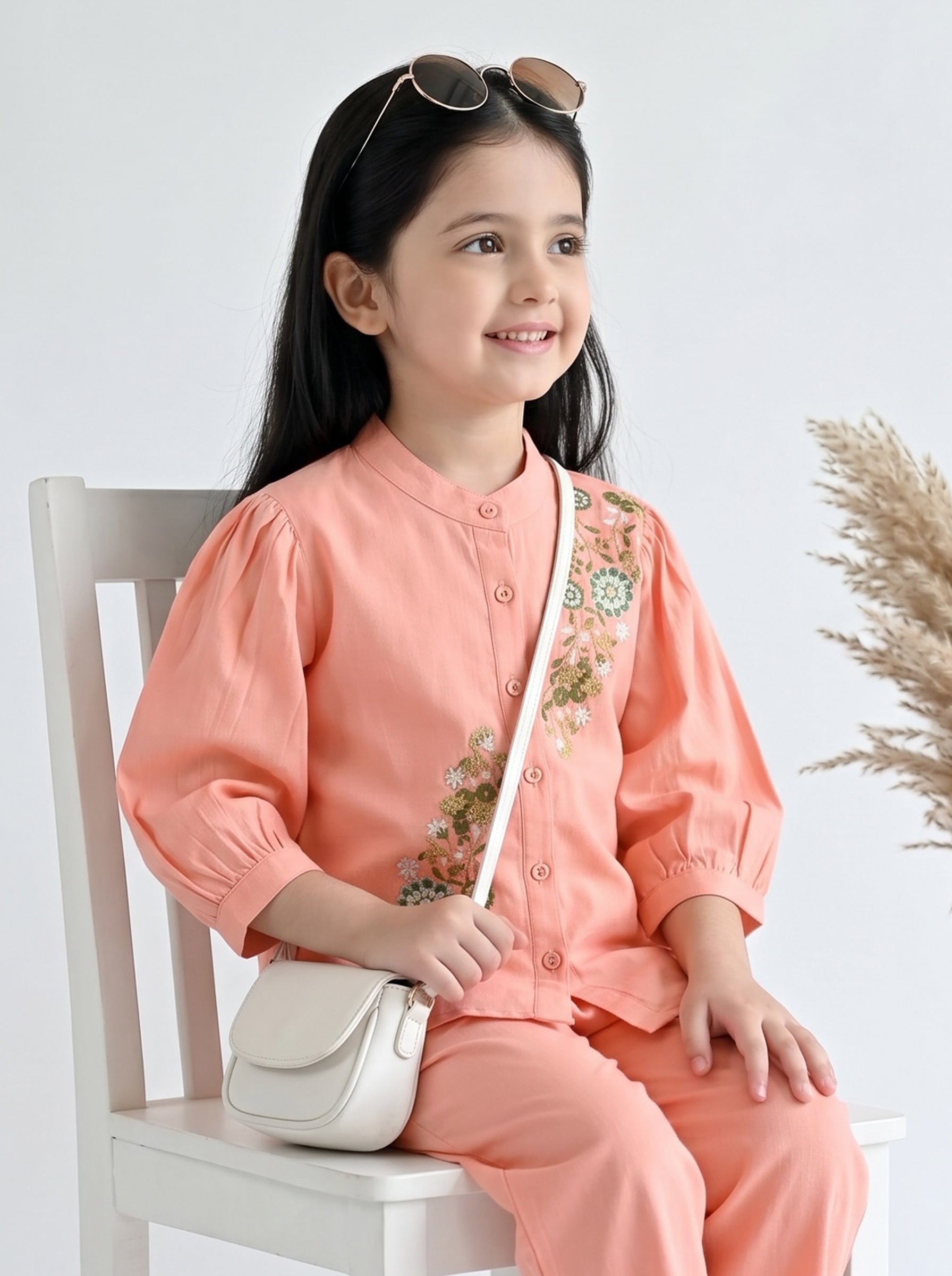 Bella Moda Girls Floral Embroidered Top with Straight Pants Co-Ord Set- JUETH787X