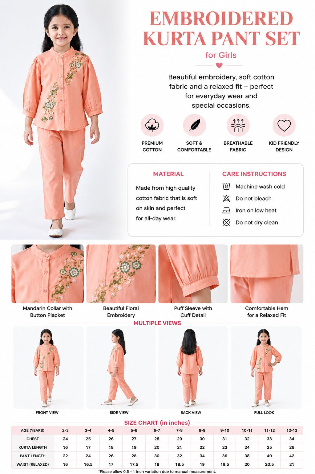 Bella Moda Girls Floral Embroidered Top with Straight Pants Co-Ord Set- JUETH787X
