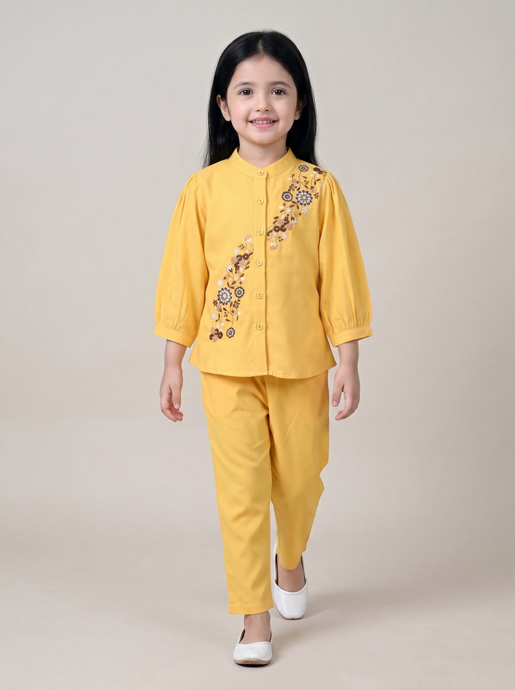 Bella Moda Girls Floral Embroidered Top with Straight Pants Co-Ord Set- JUETH788X