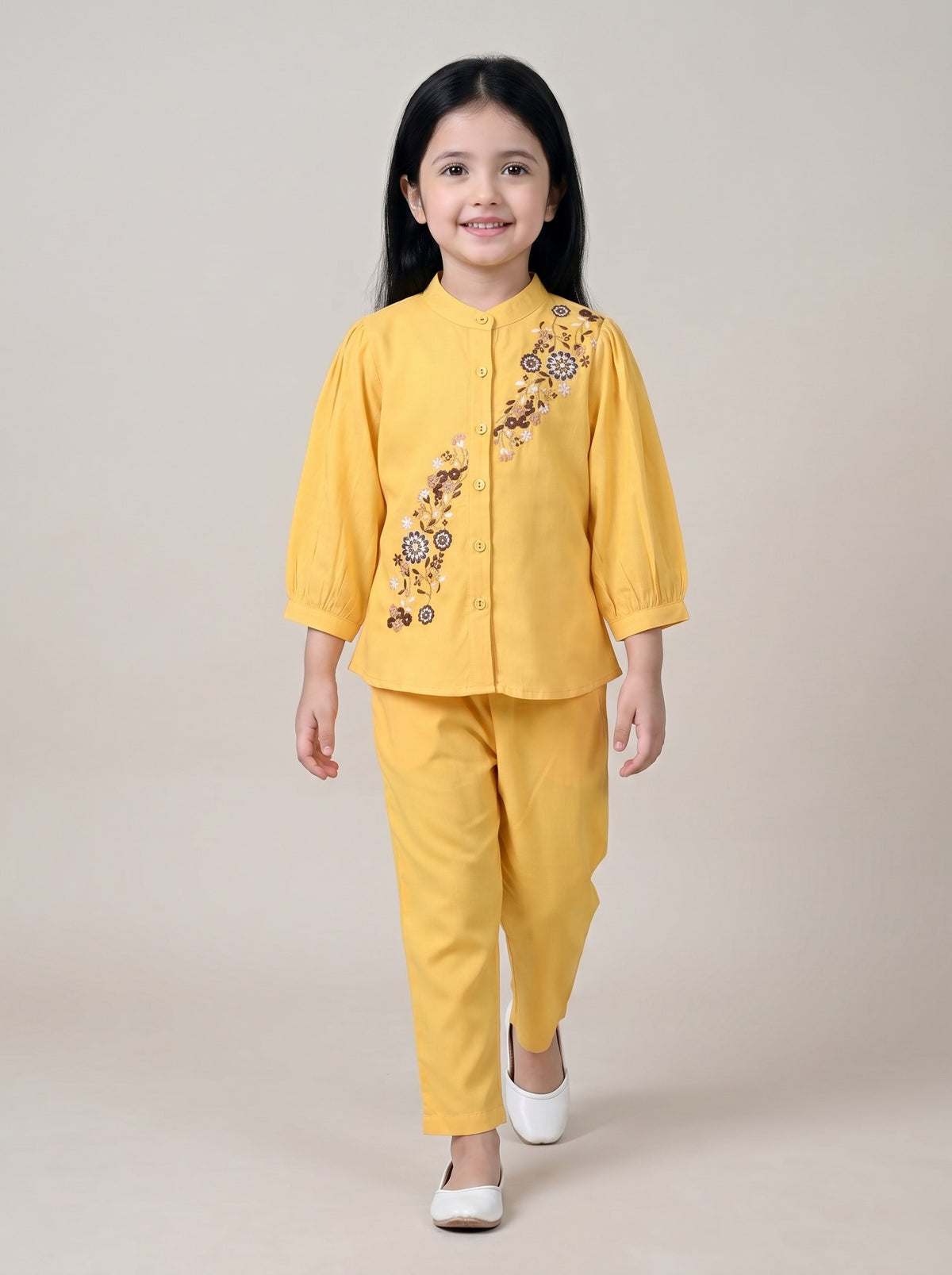 Bella Moda Girls Floral Embroidered Top with Straight Pants Co-Ord Set- JUETH788X