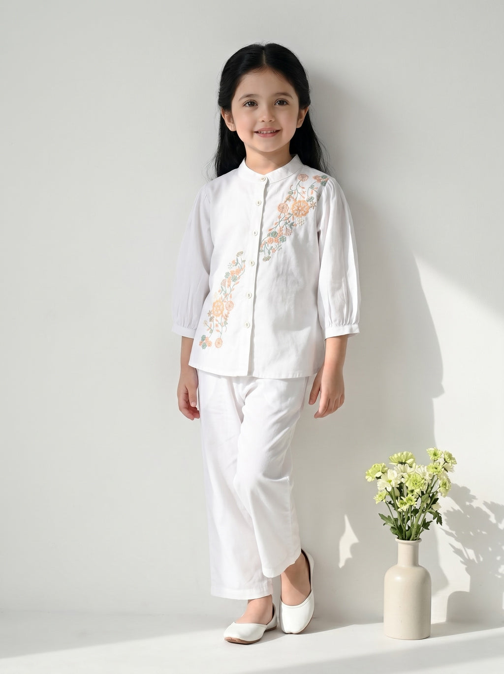 Bella Moda Girls Floral Embroidered Top with Straight Pants Co-Ord Set- JUETH789X