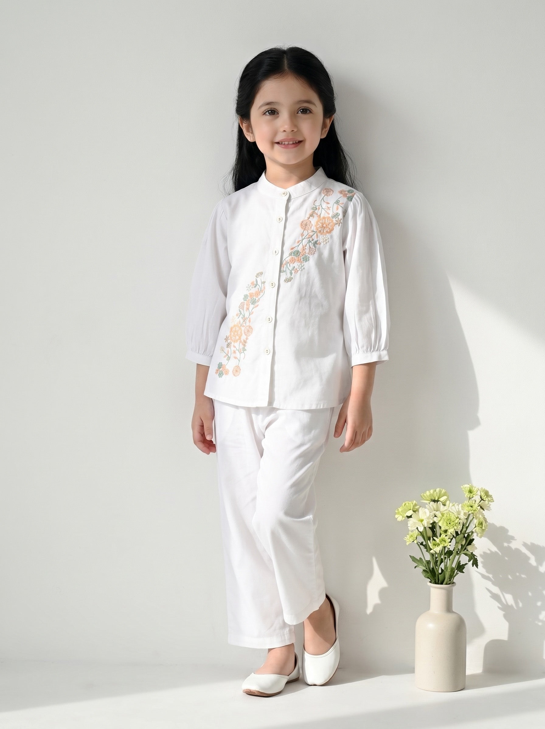 Bella Moda Girls Floral Embroidered Top with Straight Pants Co-Ord Set- JUETH789X