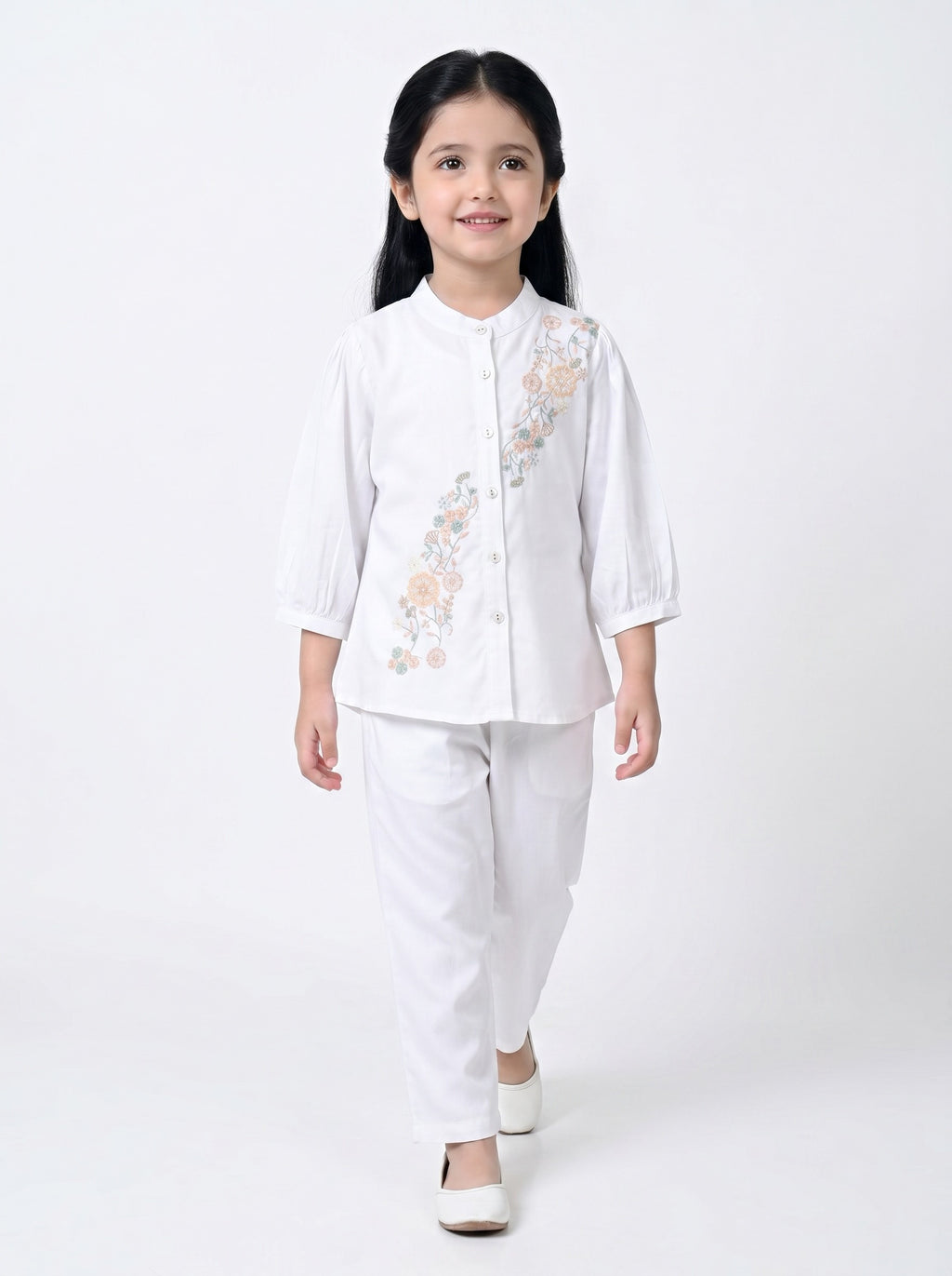 Bella Moda Girls Floral Embroidered Top with Straight Pants Co-Ord Set- JUETH789X